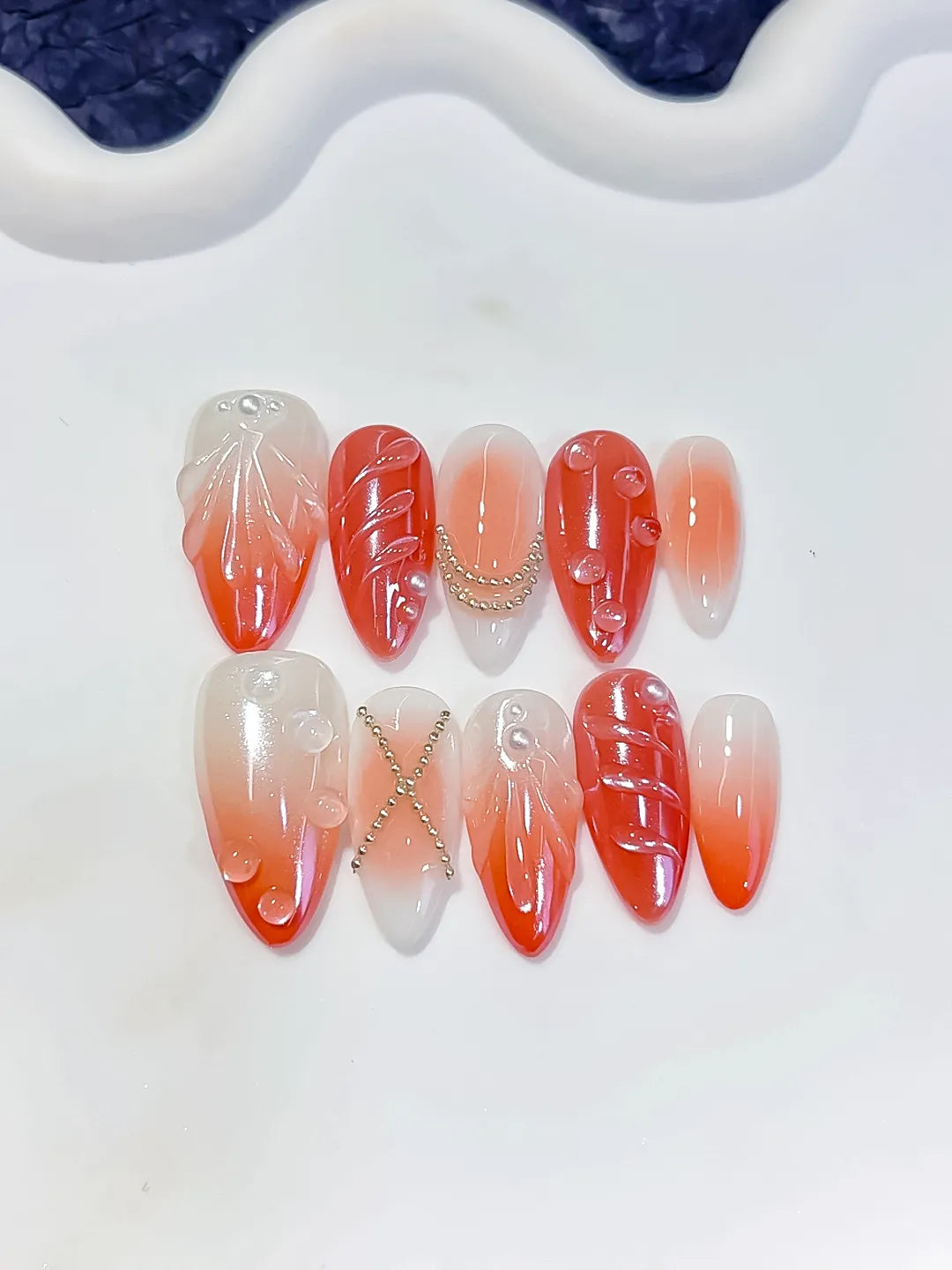 White Orange Silver Ombre Shell Pearl Chain press on nails detail view