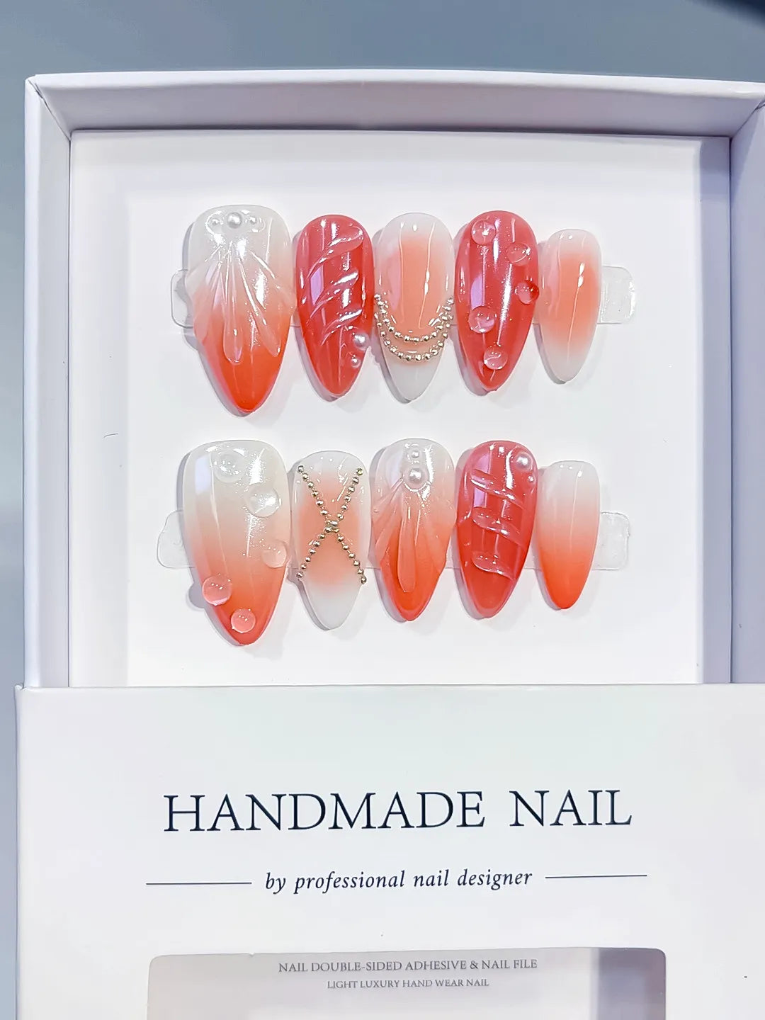 White Orange Silver Ombre Shell Pearl Chain press on nails full set view