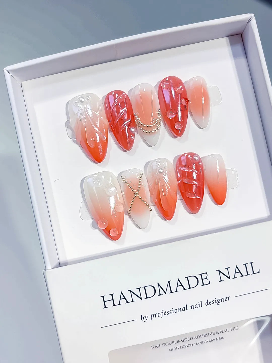 White Orange Silver Ombre Shell Pearl Chain press on nails angled view