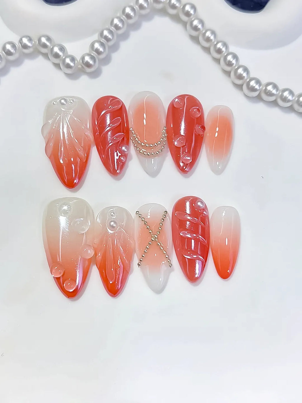 White Orange Silver Ombre Shell Pearl Chain press on nails detail view