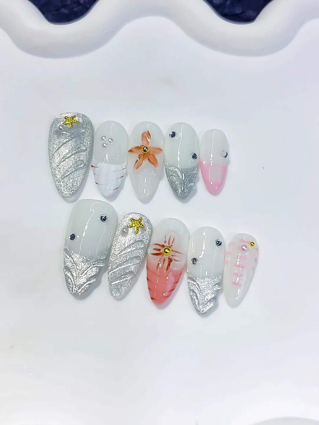 White Silver Orange Pink Glitter Flower Star Shell press on nails detail view