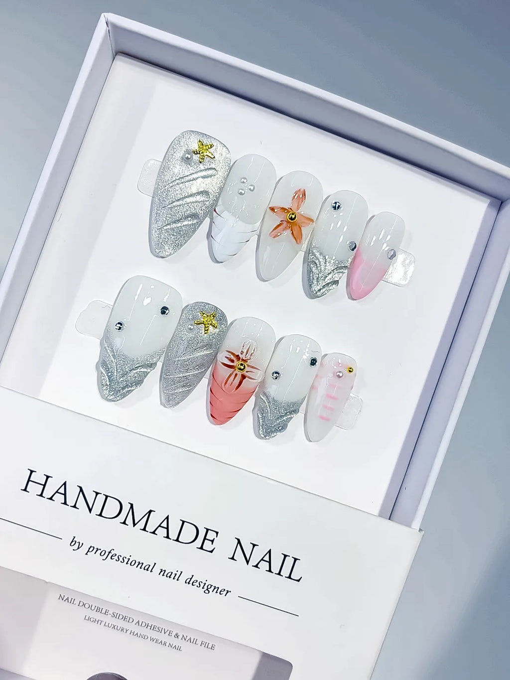 White Silver Orange Pink Glitter Flower Star Shell press on nails
