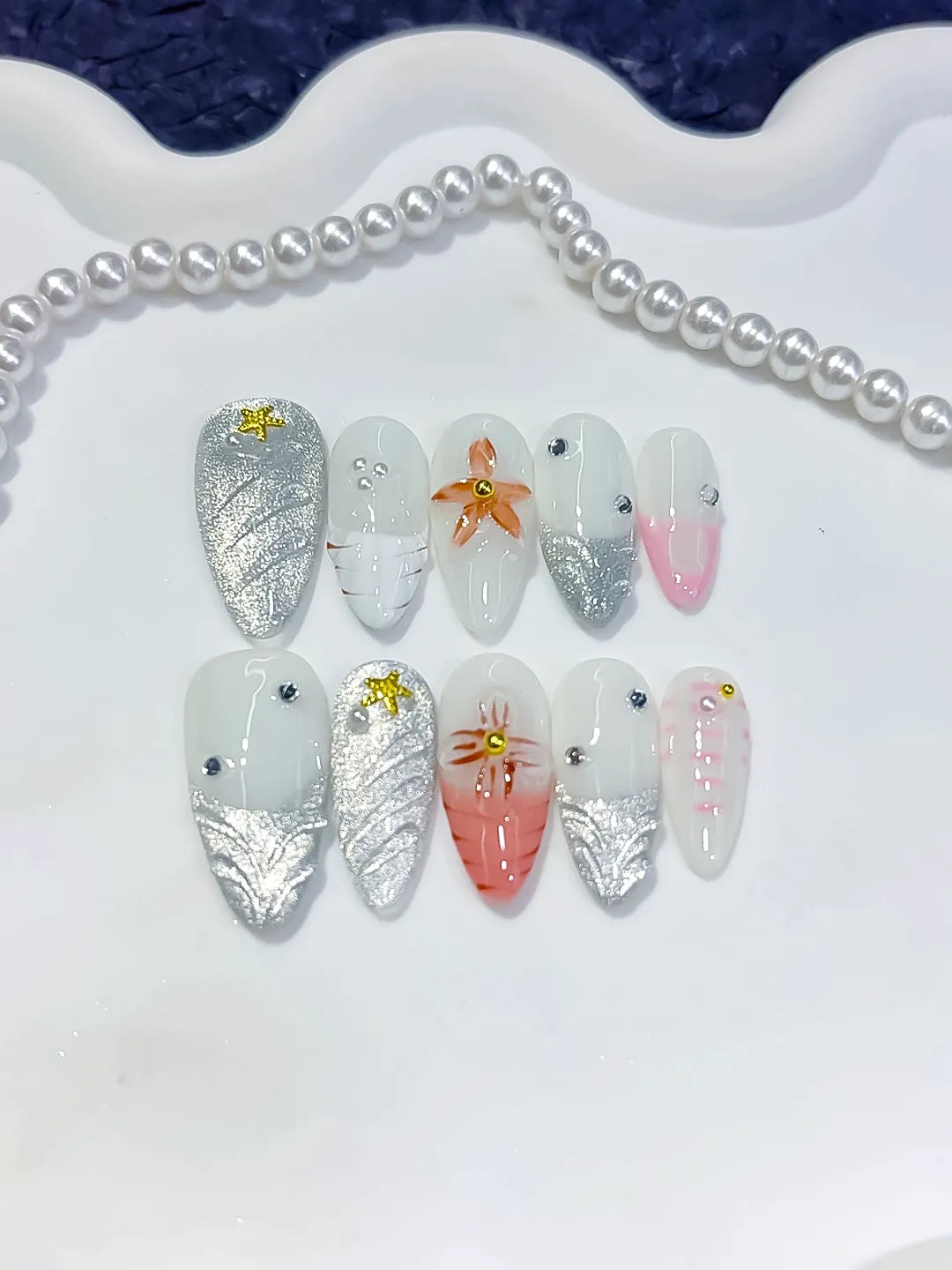 White Silver Orange Pink Glitter Flower Star Shell press on nails close up
