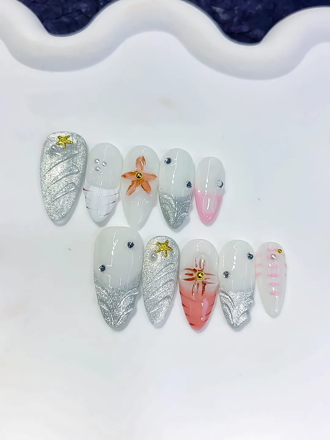 White Silver Orange Pink Glitter Flower Star Shell press on nails detail view