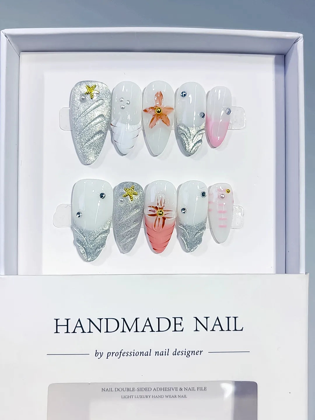 White Silver Orange Pink Glitter Flower Star Shell press on nails full set view