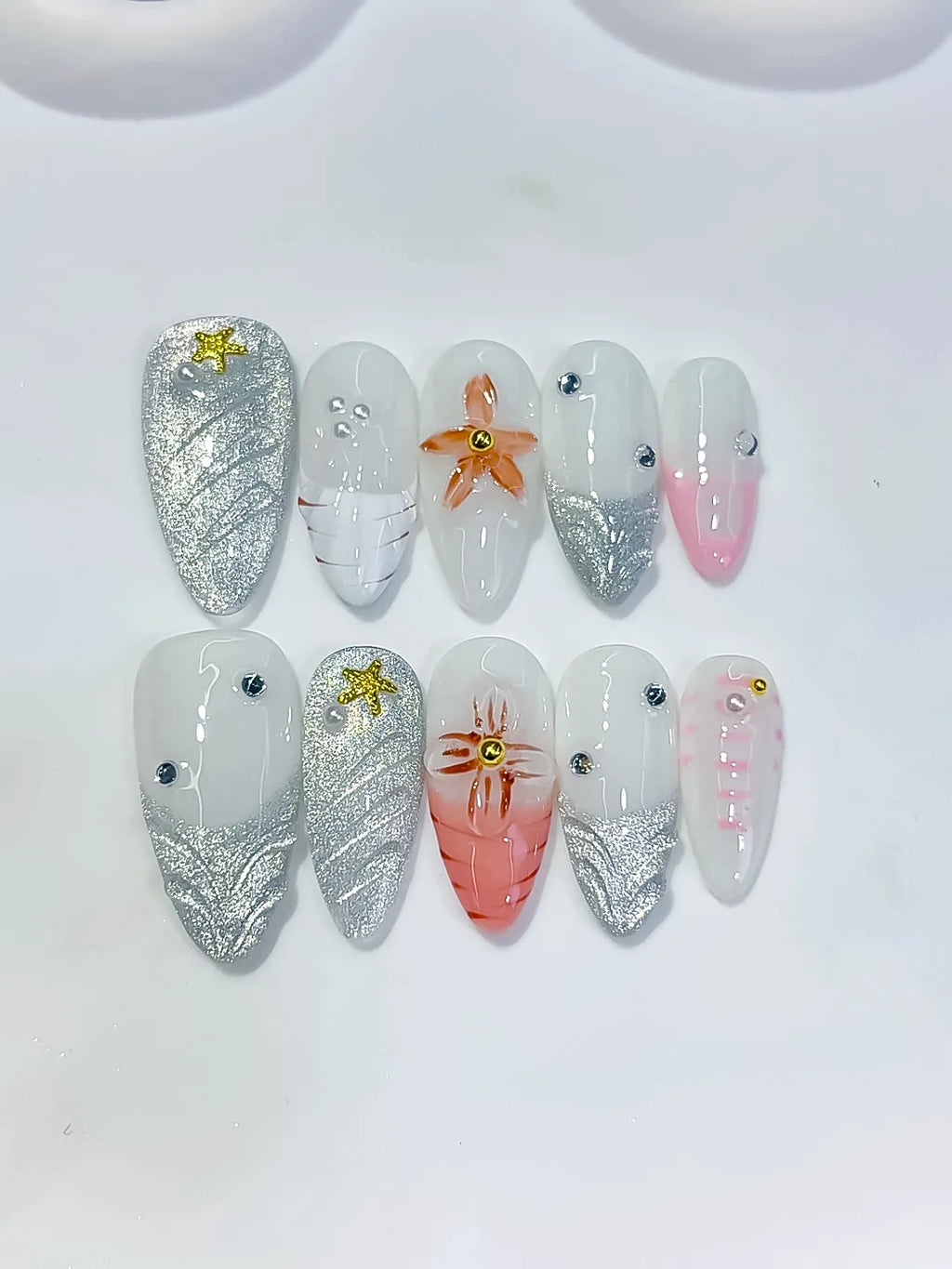 White Silver Orange Pink Glitter Flower Star Shell press on nails detail view