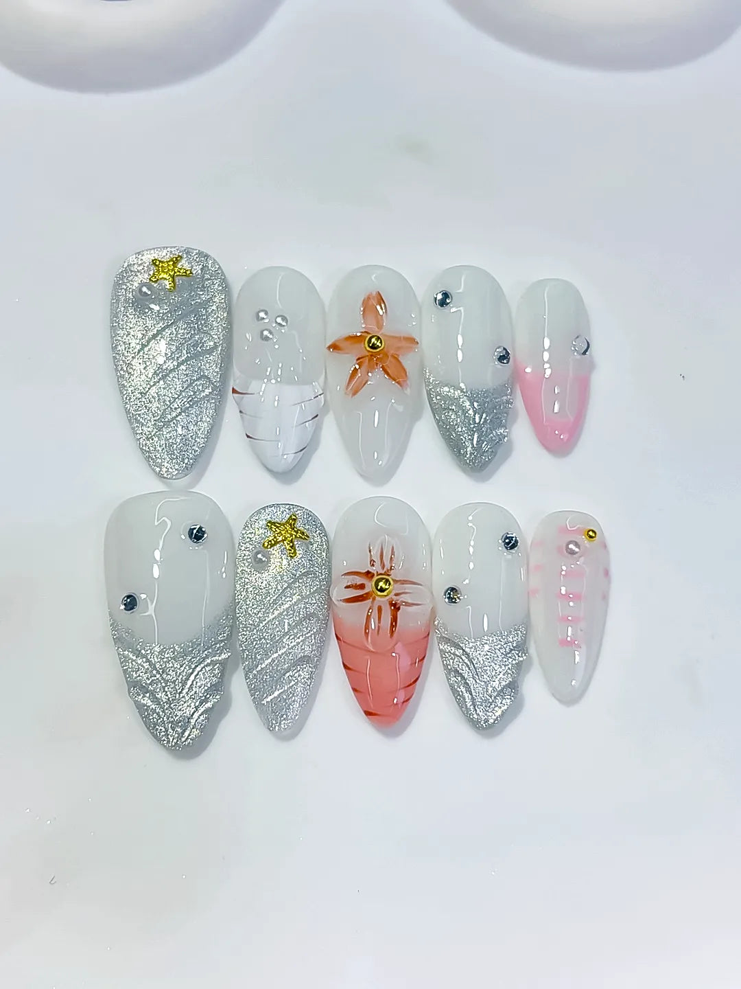 White Silver Orange Pink Glitter Flower Star Shell press on nails detail view