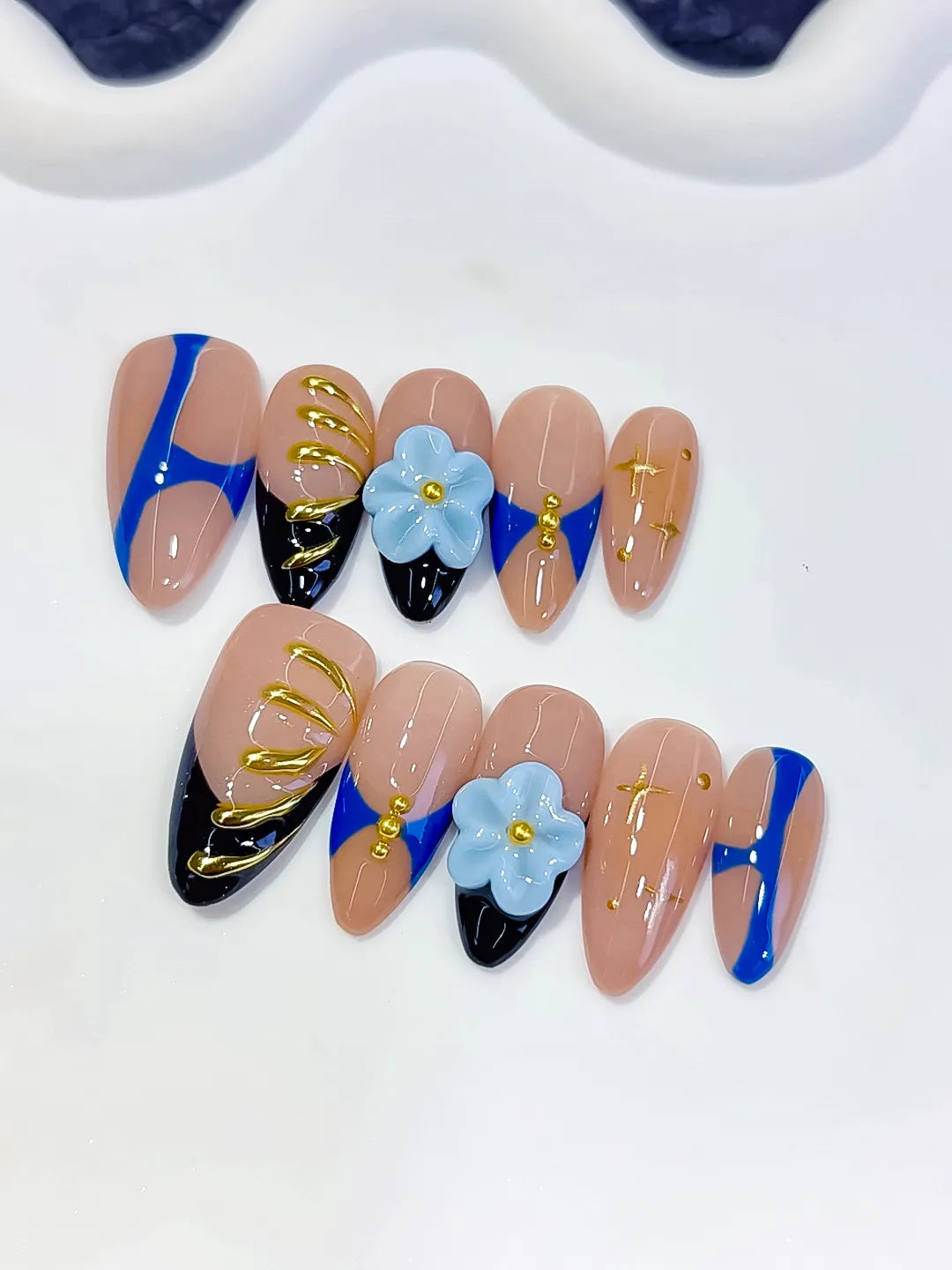 Nude Blue Black Gold Abstract Flower Metallic Charm press on nails close up
