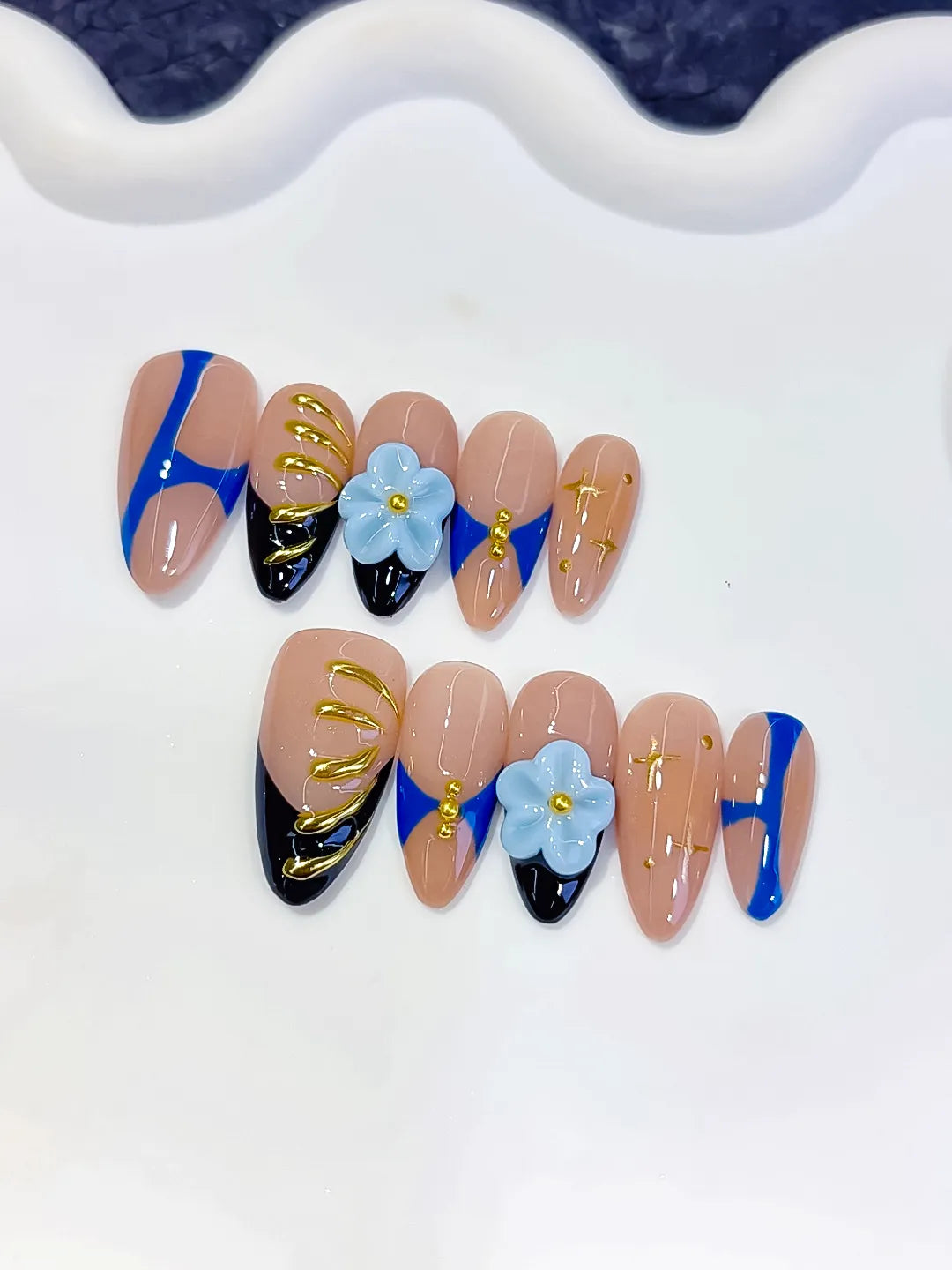 Nude Blue Black Gold Abstract Flower Metallic Charm press on nails detail view