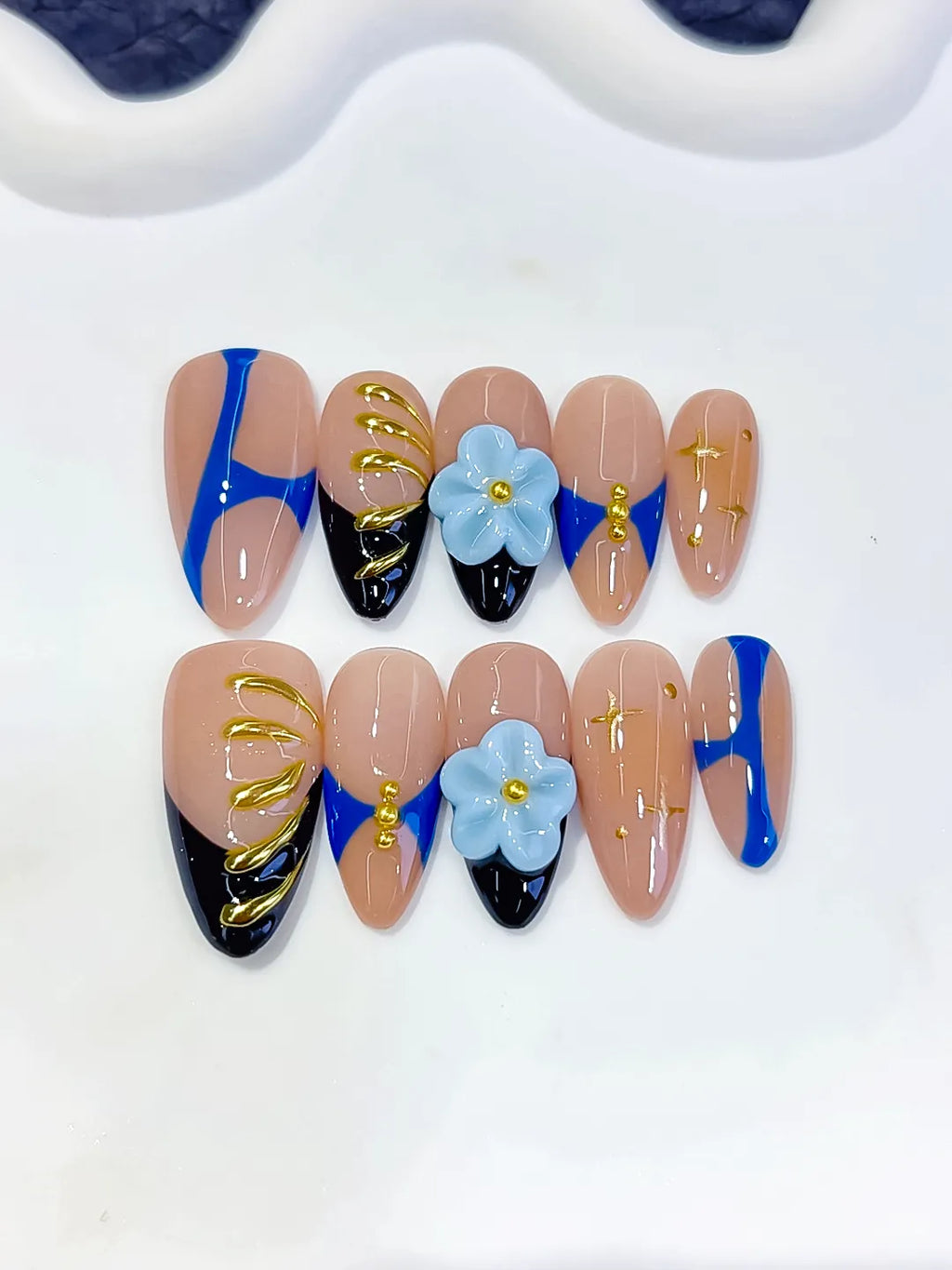 Nude Blue Black Gold Abstract Flower Metallic Charm press on nails detail view