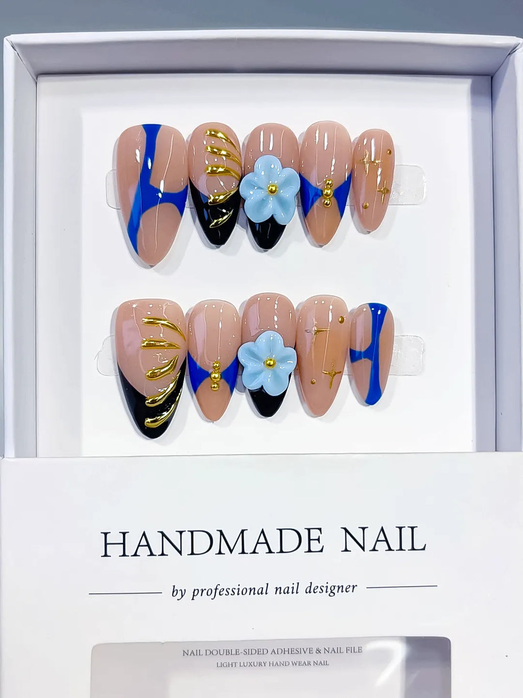 Nude Blue Black Gold Abstract Flower Metallic Charm press on nails full set view