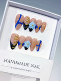 Nude Blue Black Gold Abstract Flower Metallic Charm press on nails
