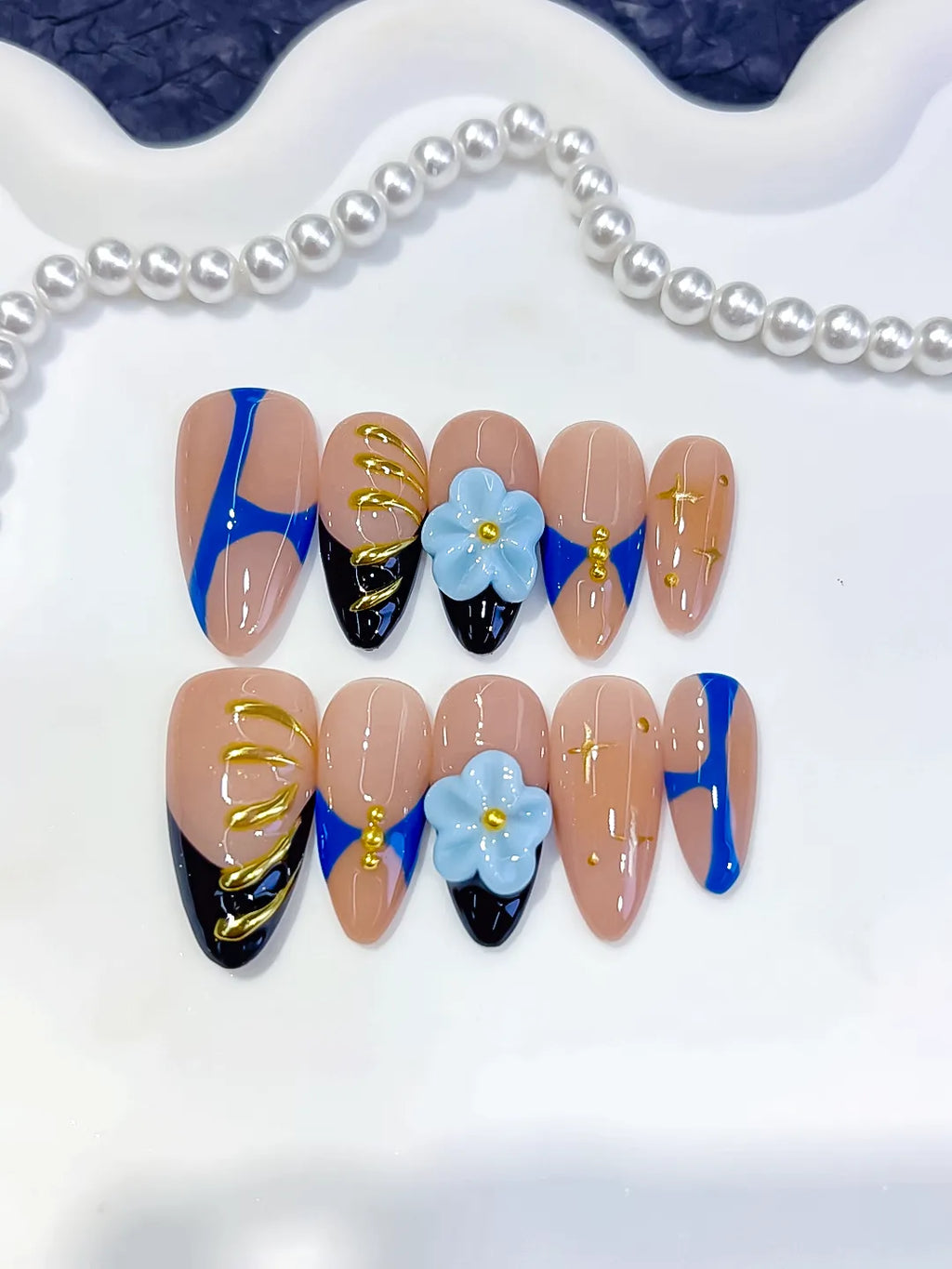 Nude Blue Black Gold Abstract Flower Metallic Charm press on nails detail view