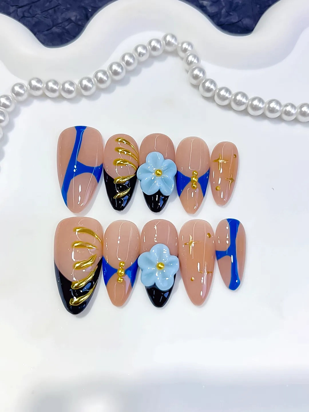 Nude Blue Black Gold Abstract Flower Metallic Charm press on nails detail view