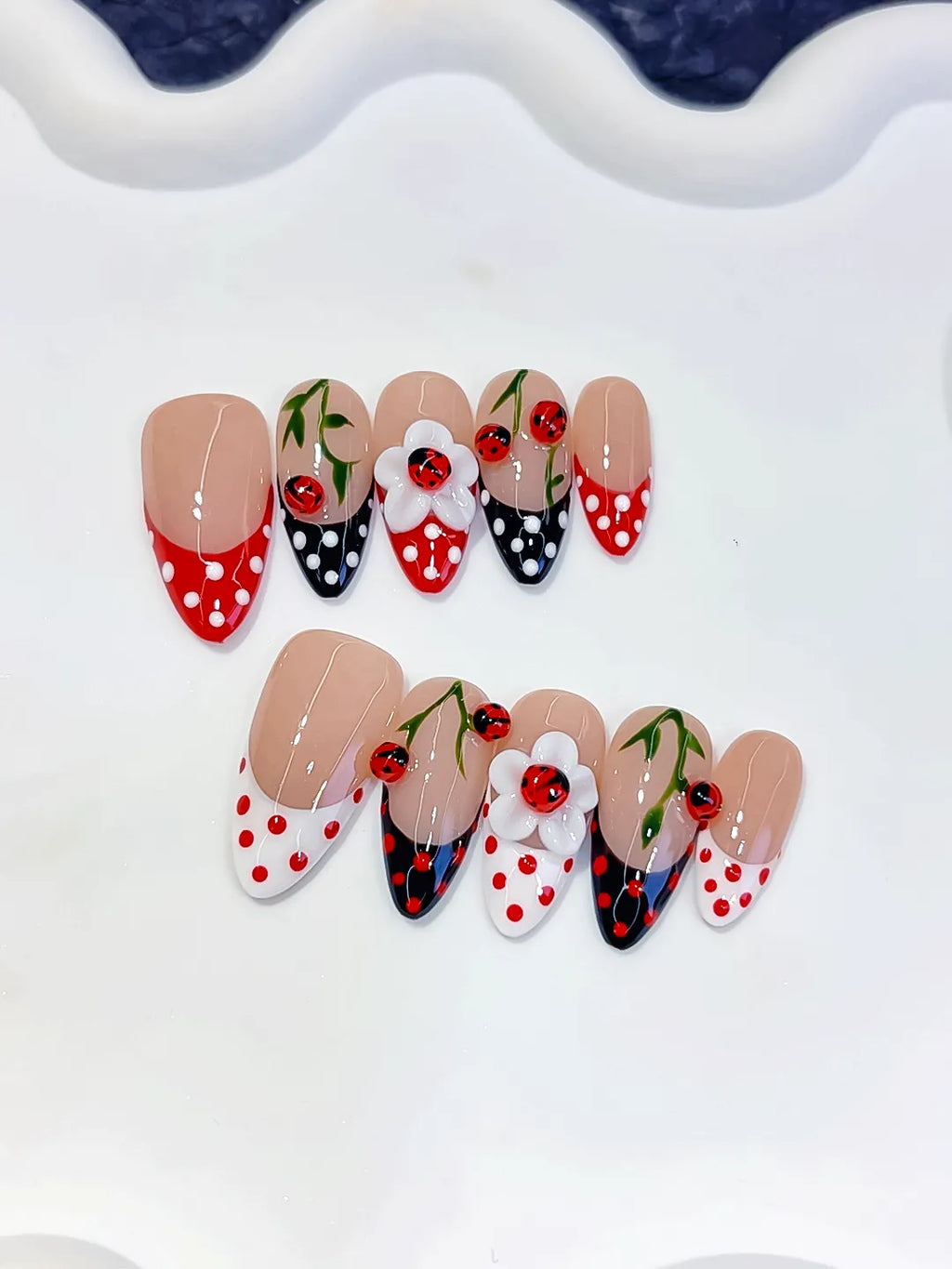 Nude Red Black White French tip Cherry Dot Pattern press on nails detail view