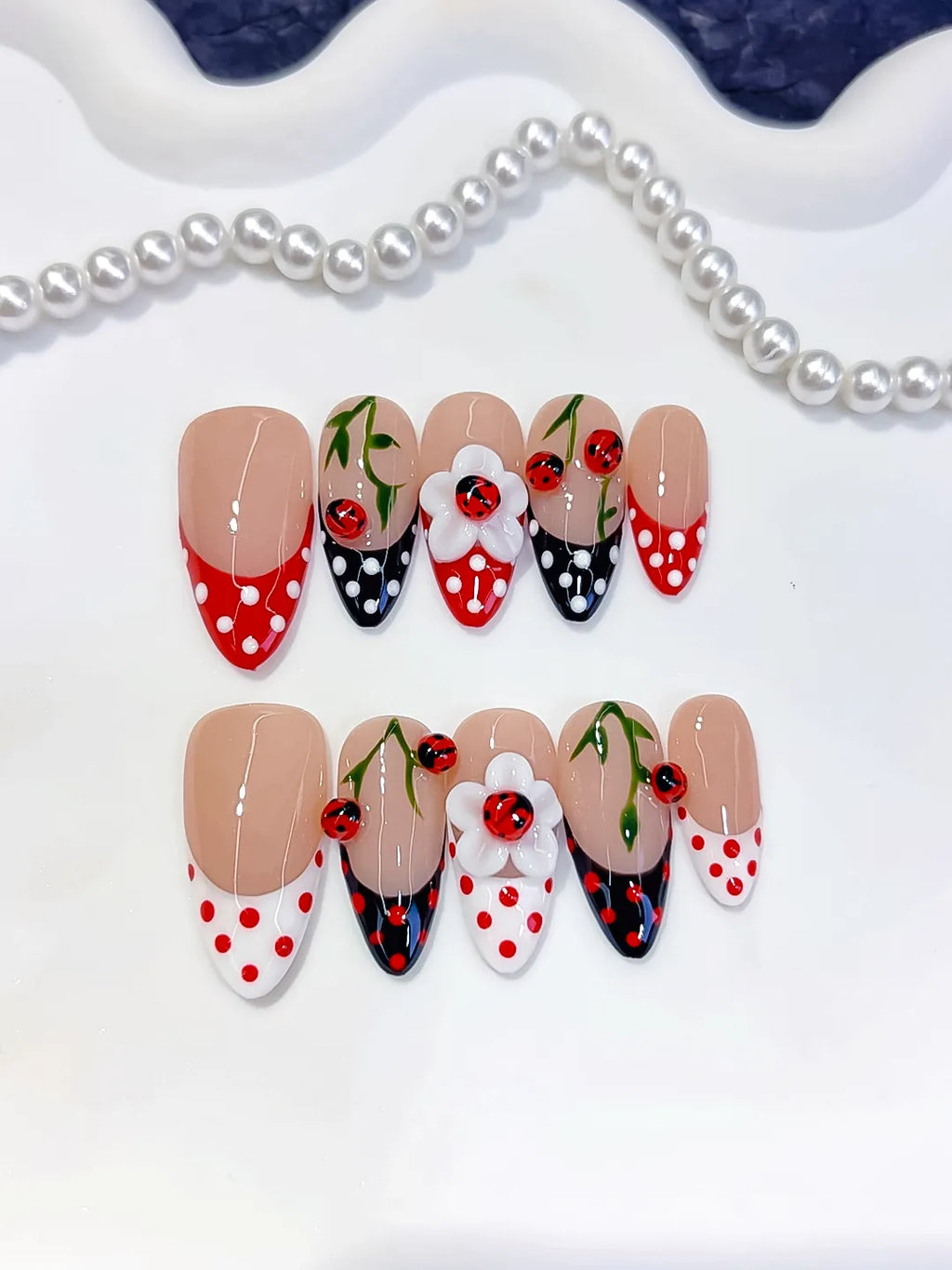 Nude Red Black White French tip Cherry Dot Pattern press on nails close up