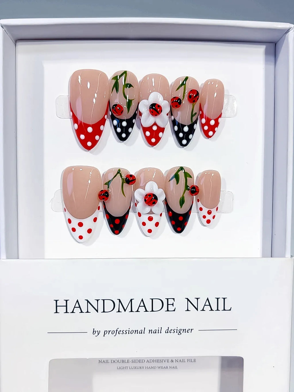 Nude Red Black White French tip Cherry Dot Pattern press on nails full set view