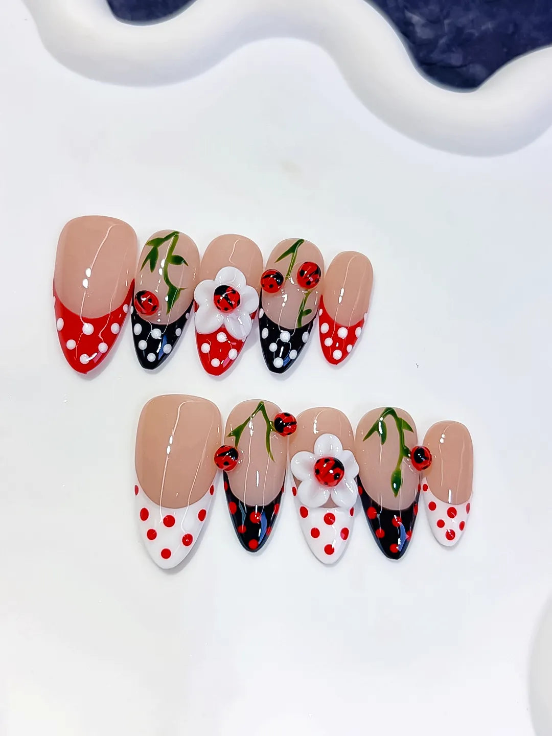 Nude Red Black White French tip Cherry Dot Pattern press on nails detail view