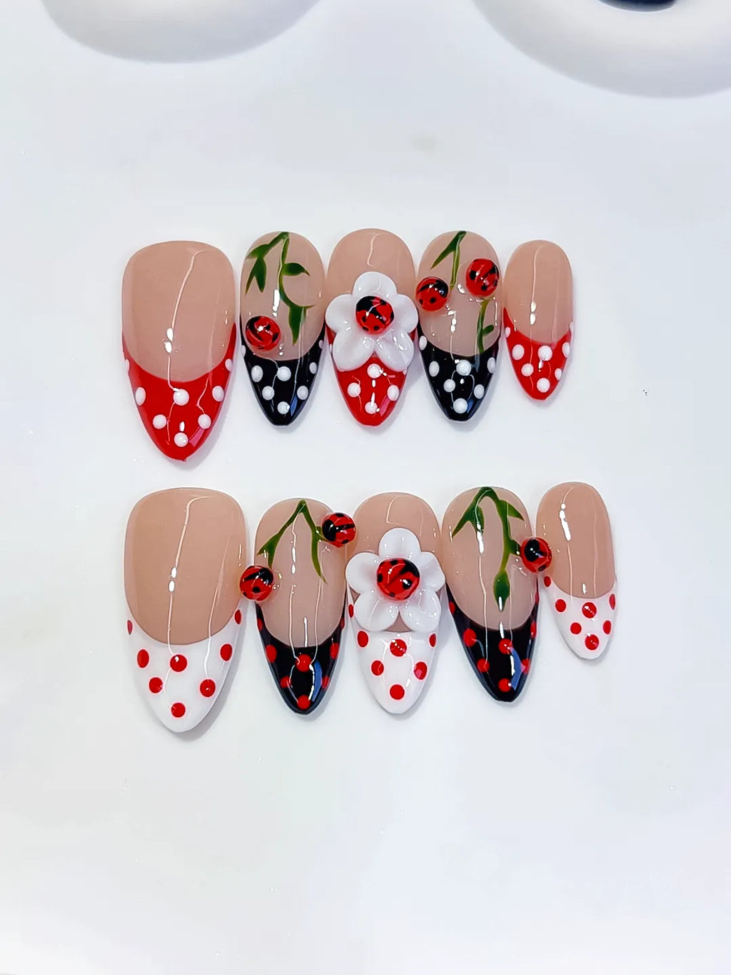 Nude Red Black White French tip Cherry Dot Pattern press on nails detail view