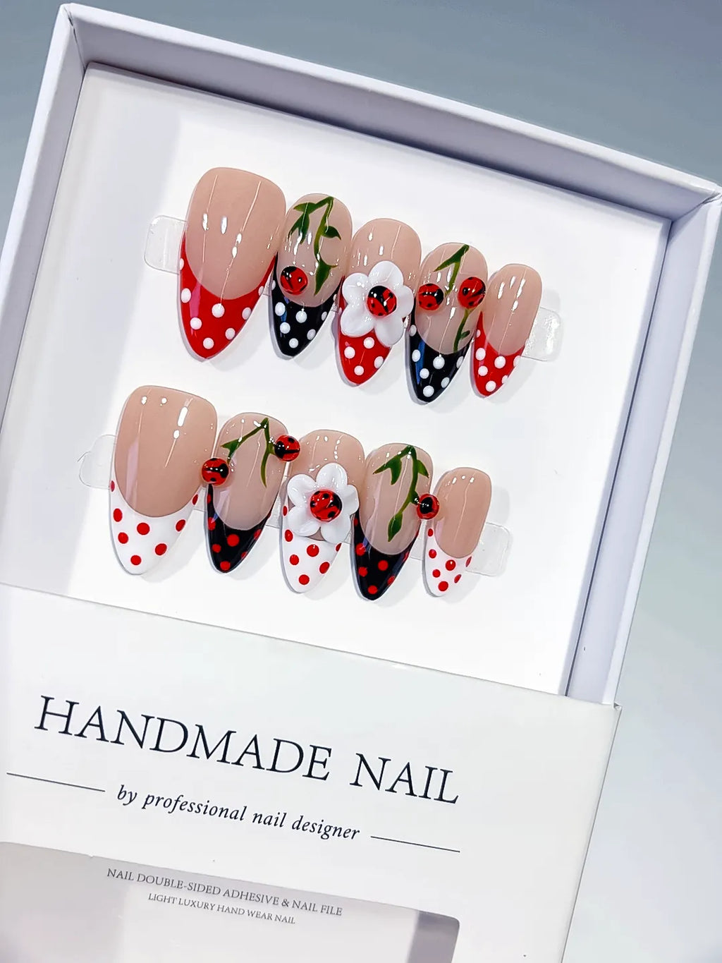 Nude Red Black White French tip Cherry Dot Pattern press on nails