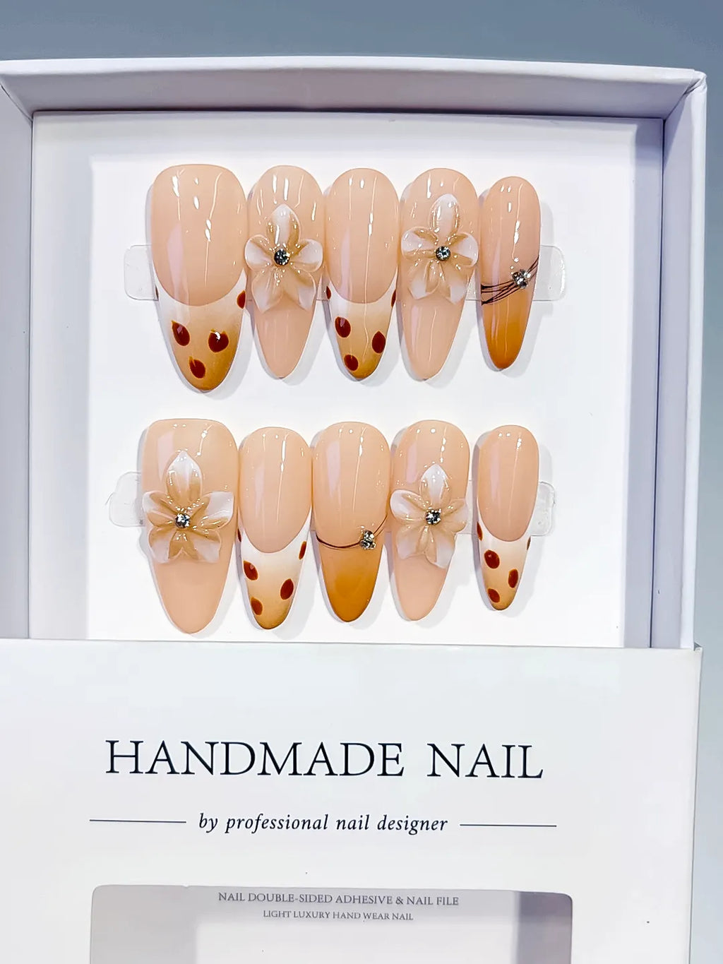 Nude Brown French tip Flower Dot Pattern Chain press on nails full set view