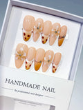 Nude Brown French tip Flower Dot Pattern Chain press on nails