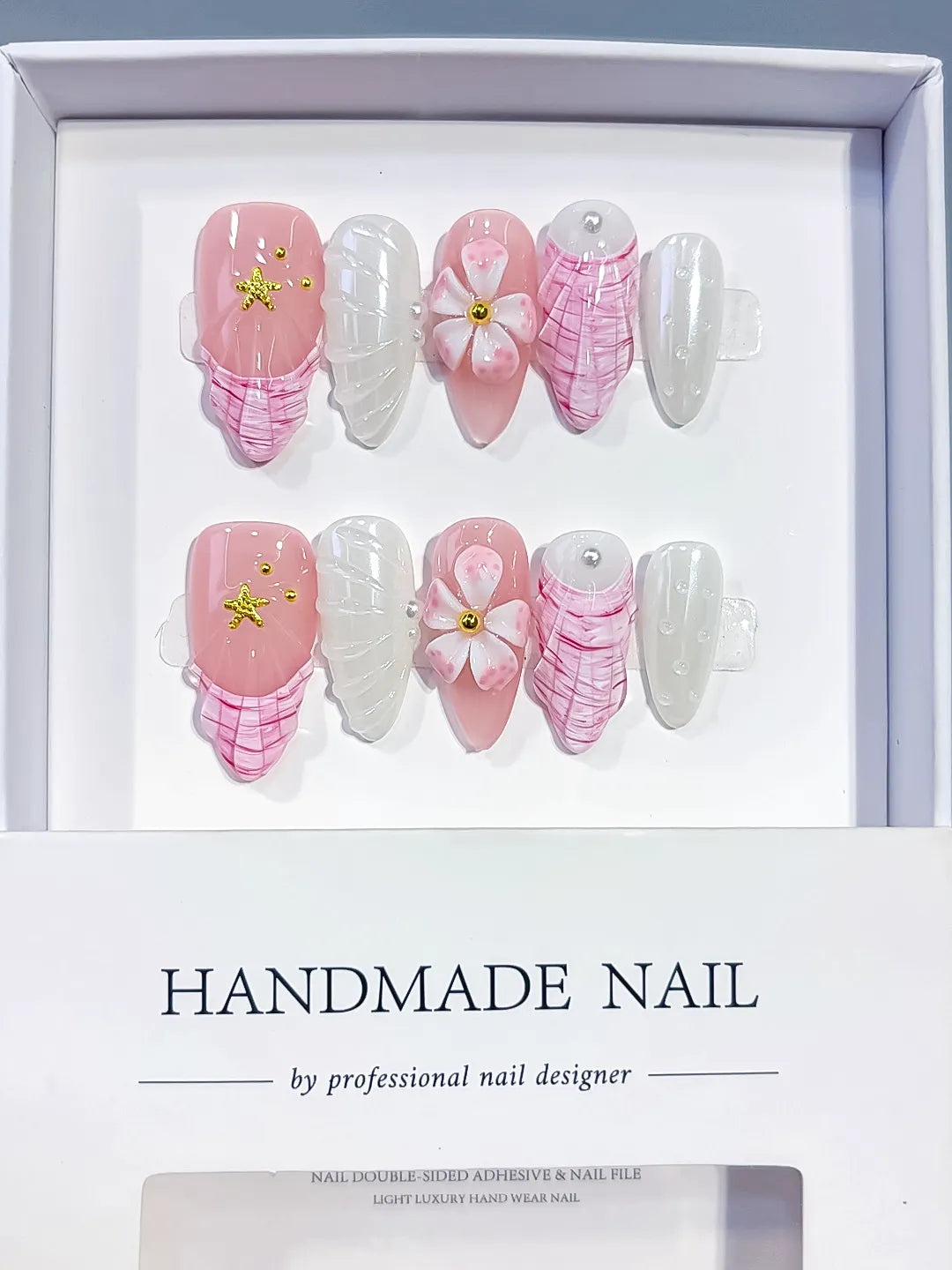 Pink White French tip Flower Shell Star press on nails full set view