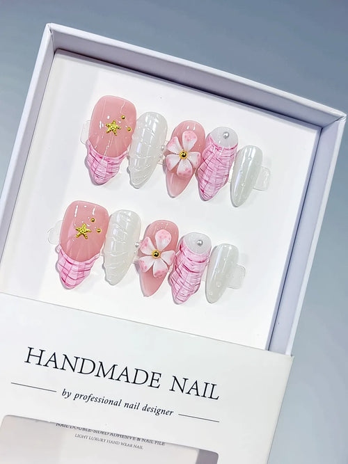 Pink White French tip Flower Shell Star press on nails