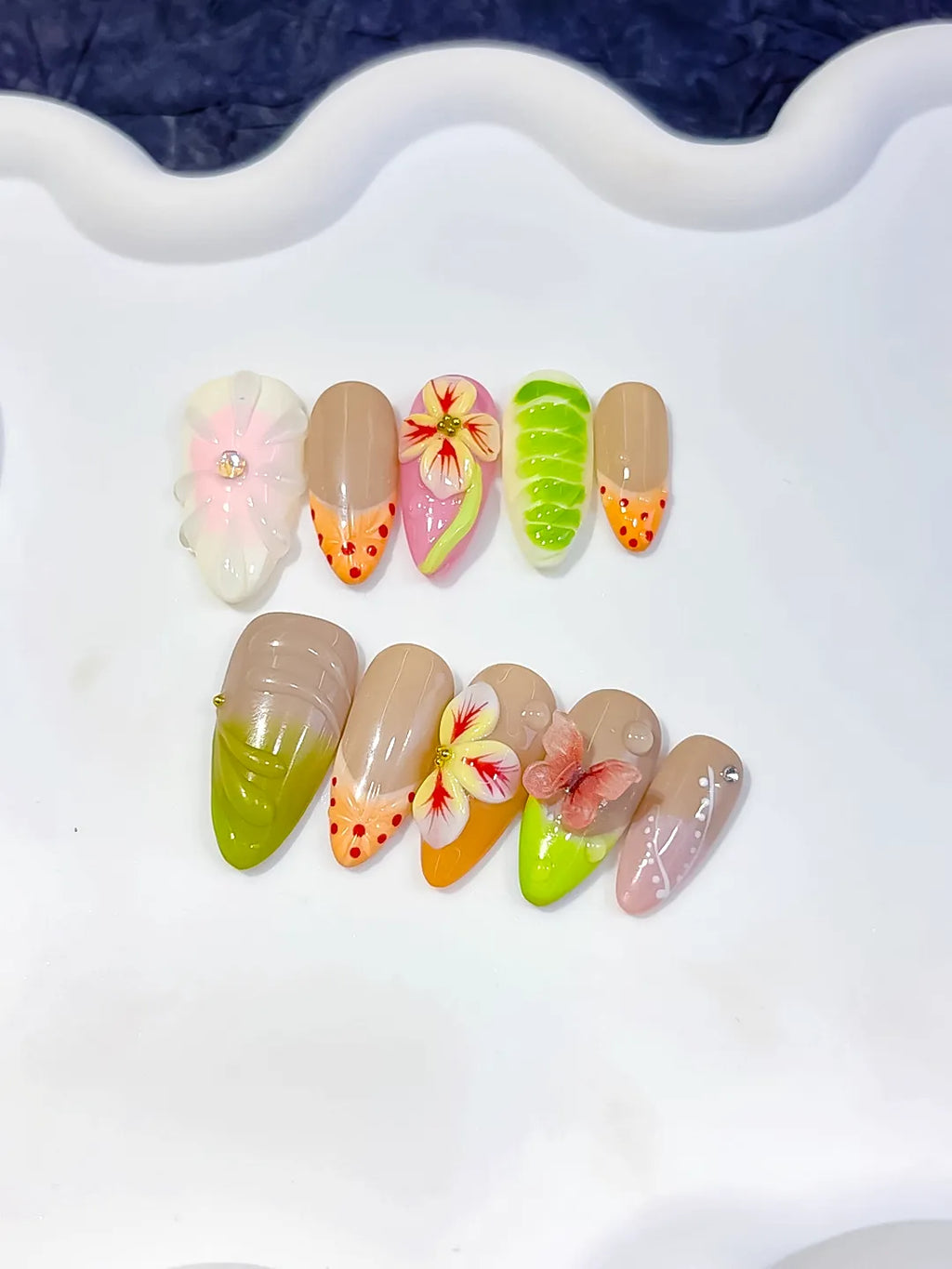 Nude Green Orange Pink Abstract Flower Fruit Dot Pattern press on nails detail view