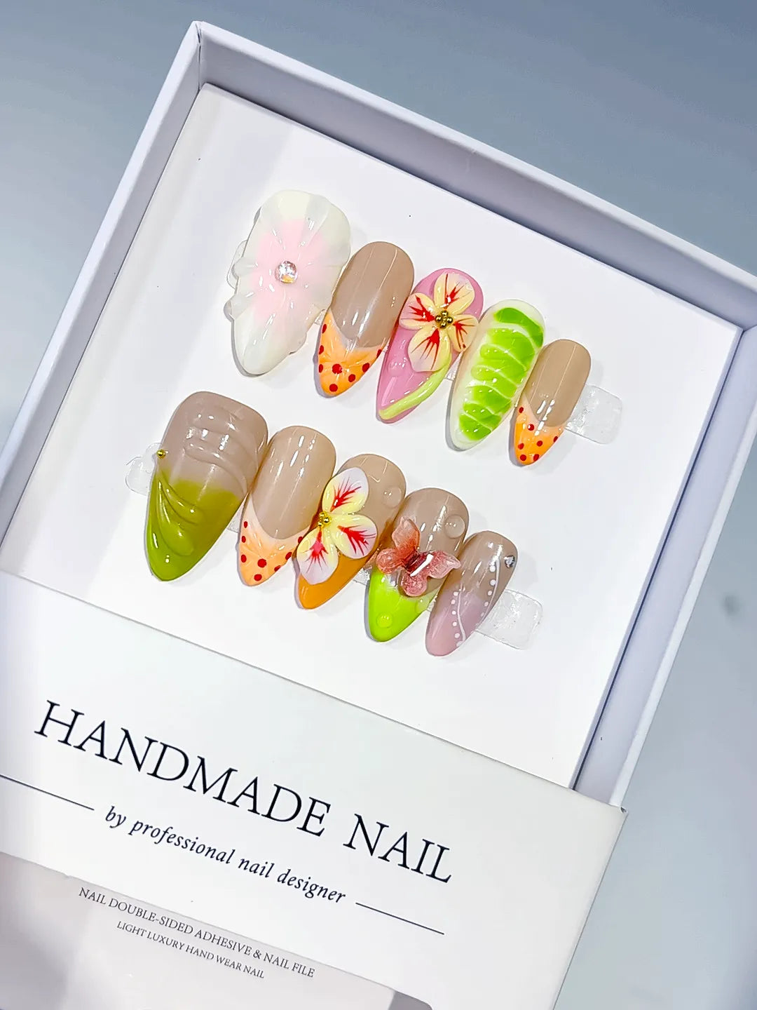 Nude Green Orange Pink Abstract Flower Fruit Dot Pattern press on nails
