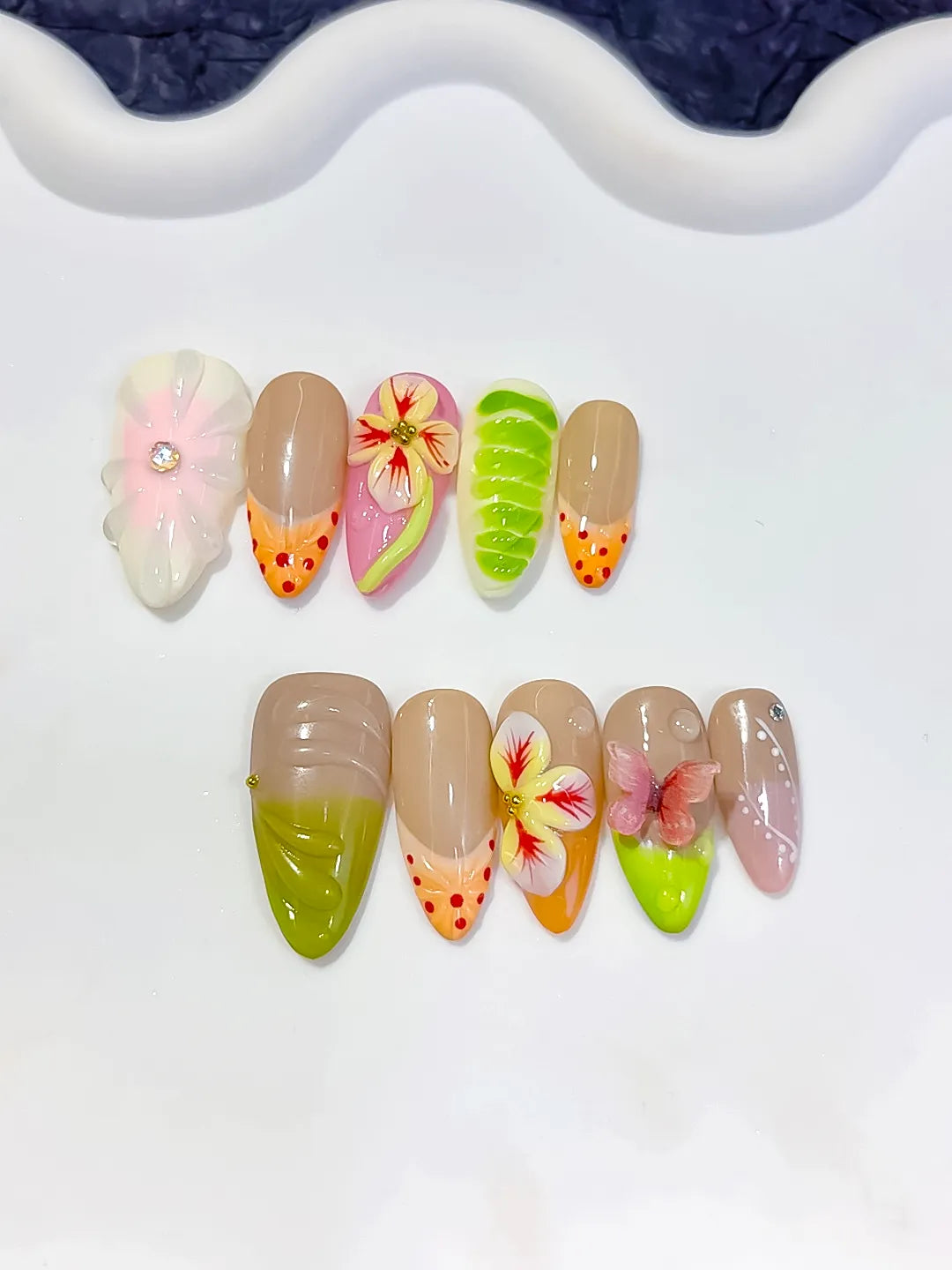 Nude Green Orange Pink Abstract Flower Fruit Dot Pattern press on nails close up