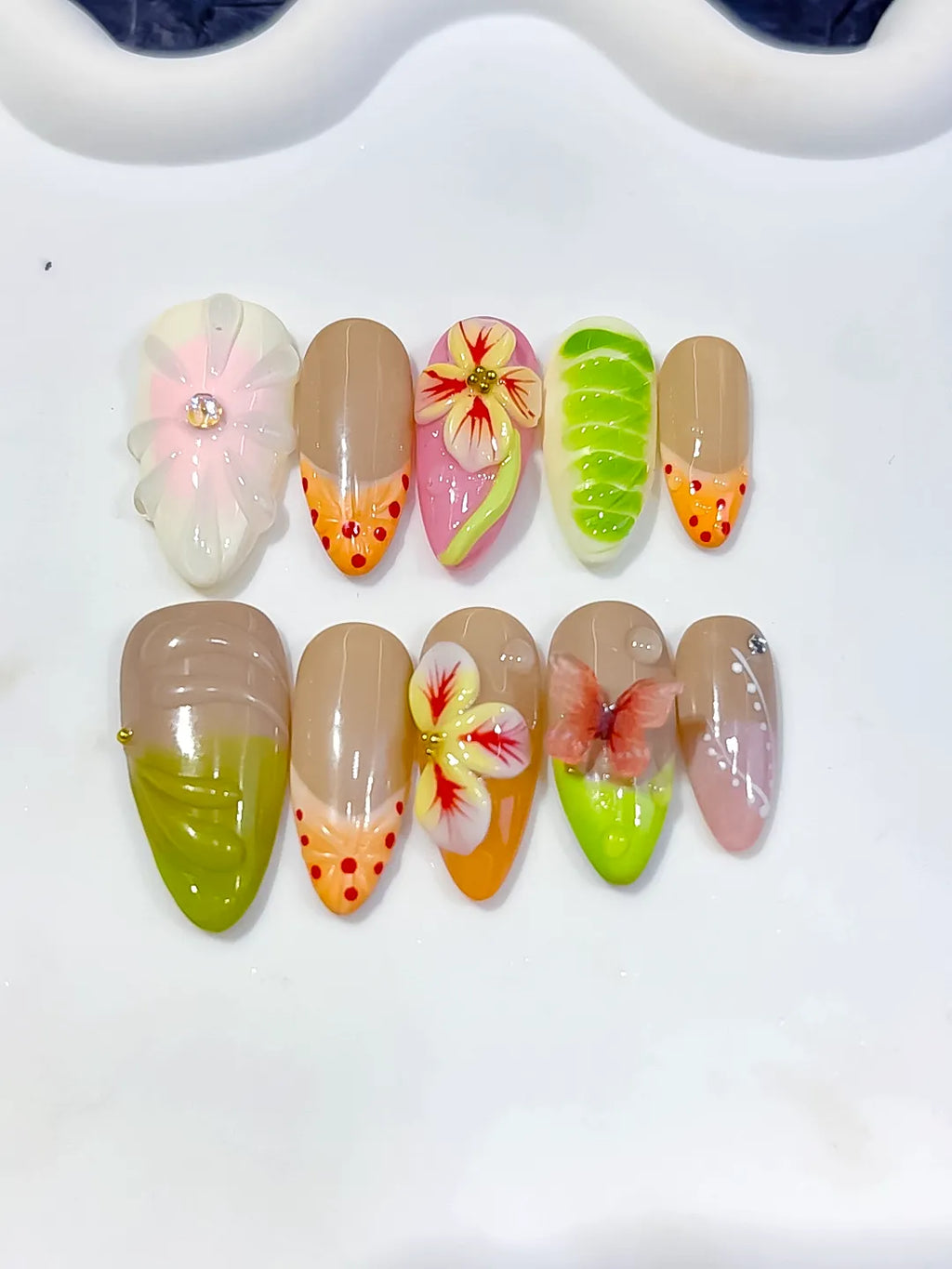 Nude Green Orange Pink Abstract Flower Fruit Dot Pattern press on nails detail view