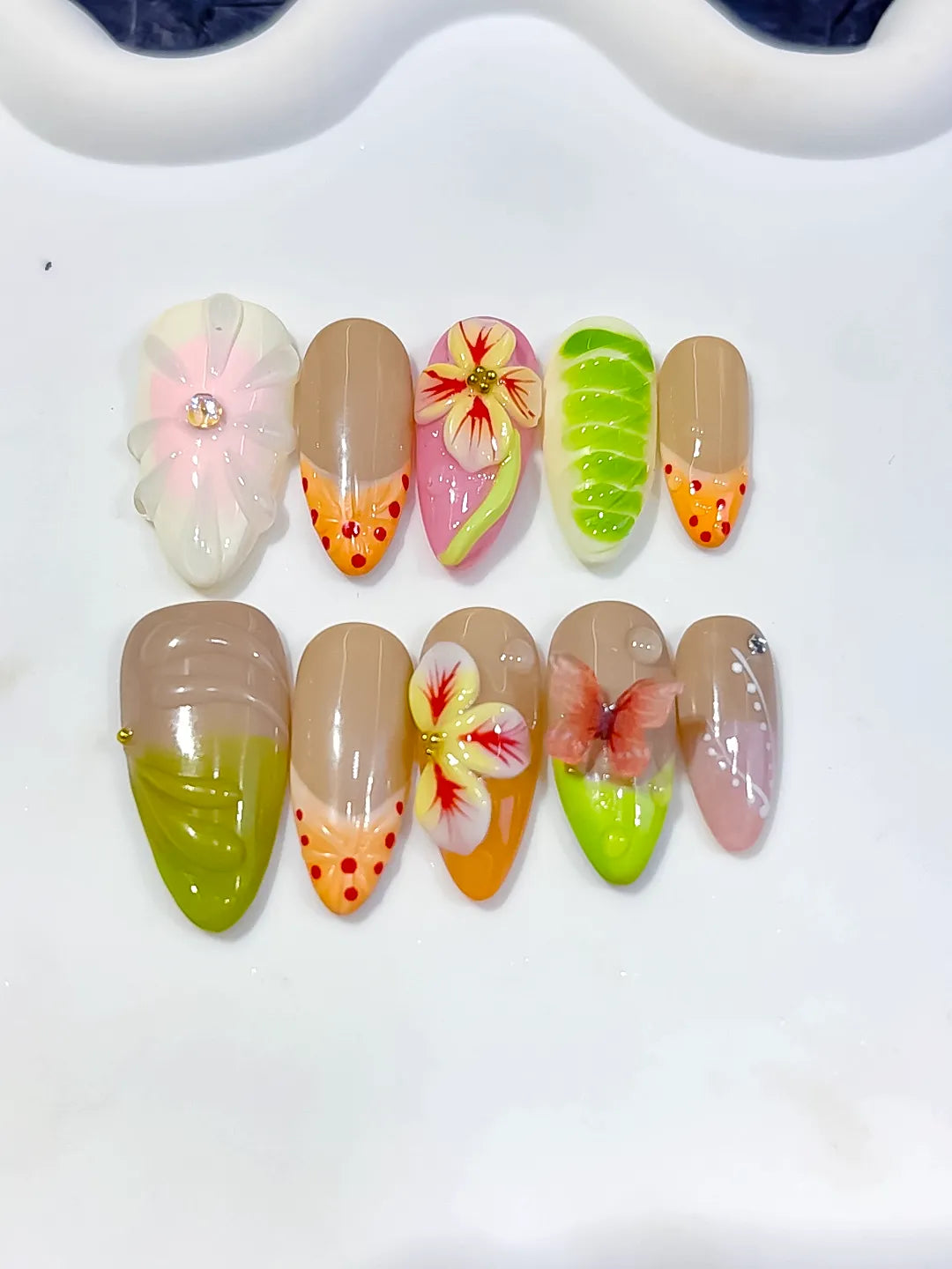 Nude Green Orange Pink Abstract Flower Fruit Dot Pattern press on nails detail view