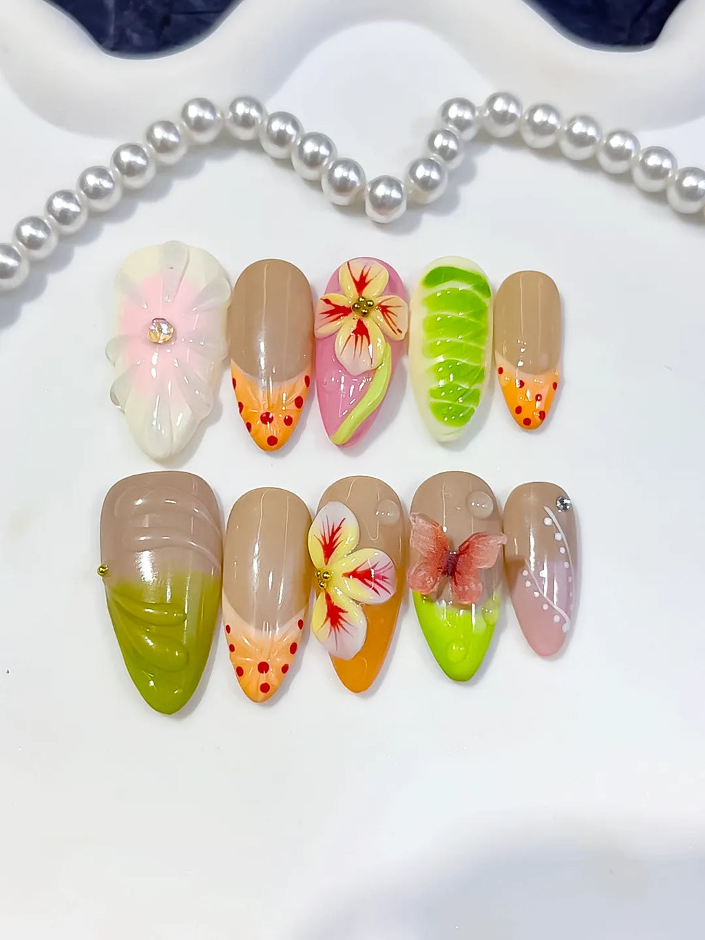 Nude Green Orange Pink Abstract Flower Fruit Dot Pattern press on nails detail view