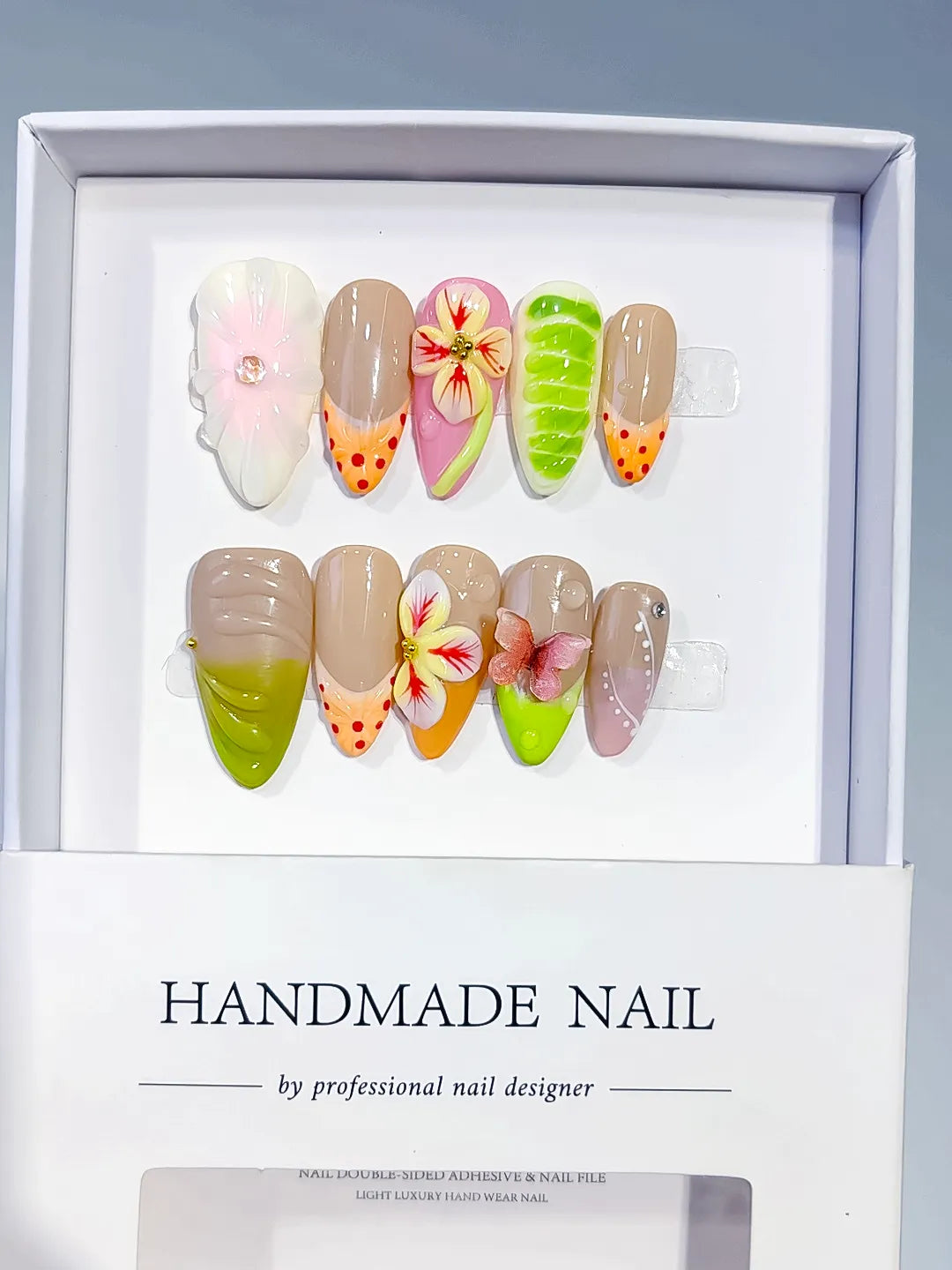 Nude Green Orange Pink Abstract Flower Fruit Dot Pattern press on nails full set view