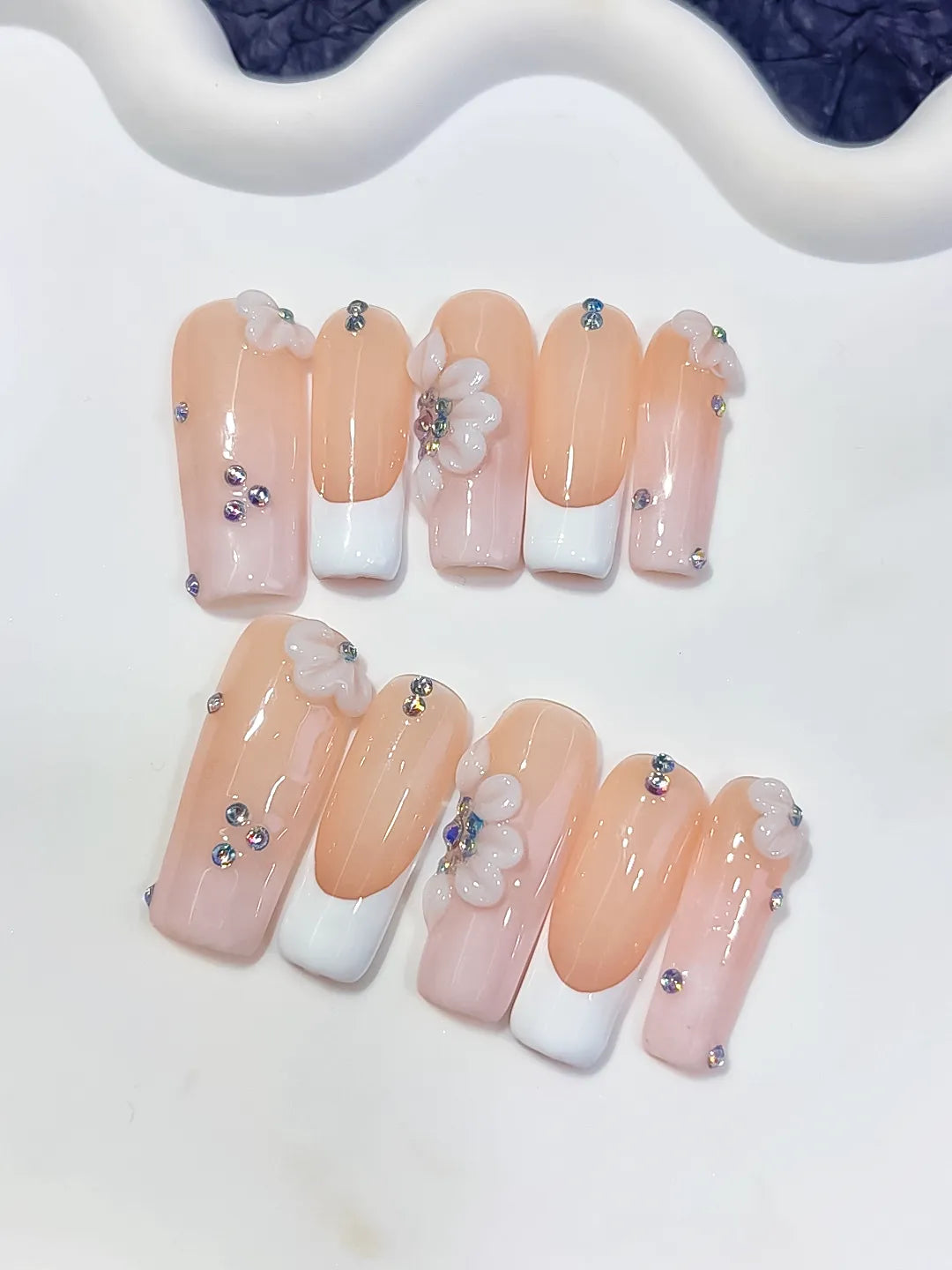 Nude White Silver French tip Flower Rhinestone press on nails detail view