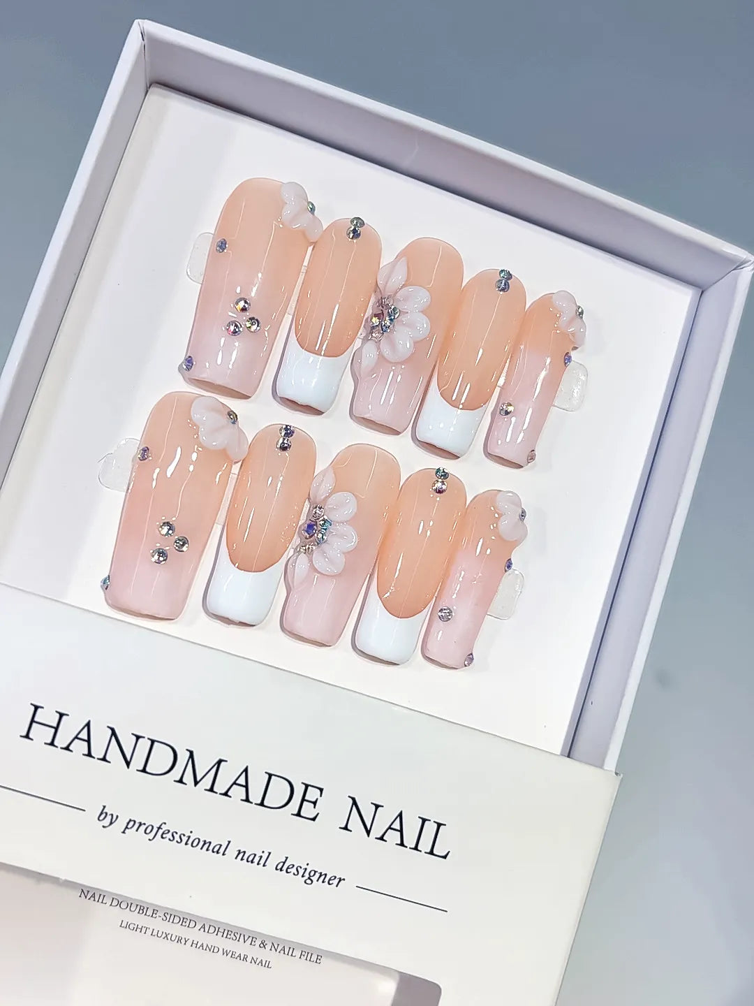 Nude White Silver French tip Flower Rhinestone press on nails