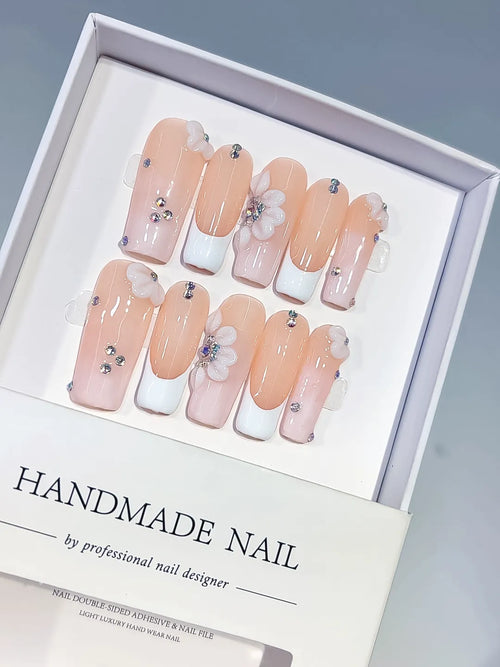 Nude White Silver French tip Flower Rhinestone press on nails