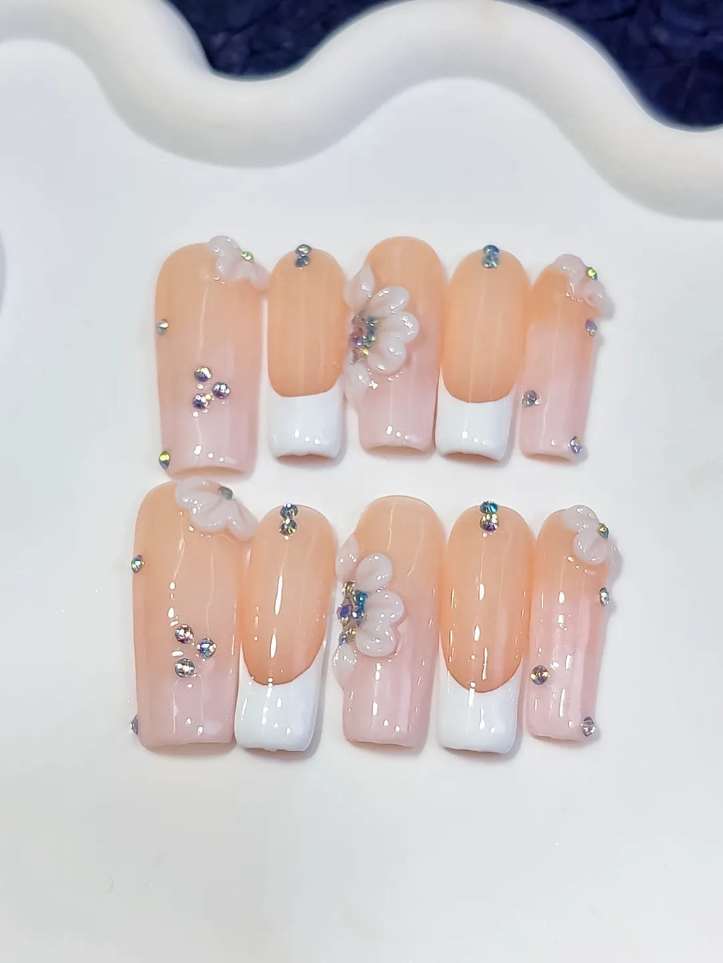 Nude White Silver French tip Flower Rhinestone press on nails close up