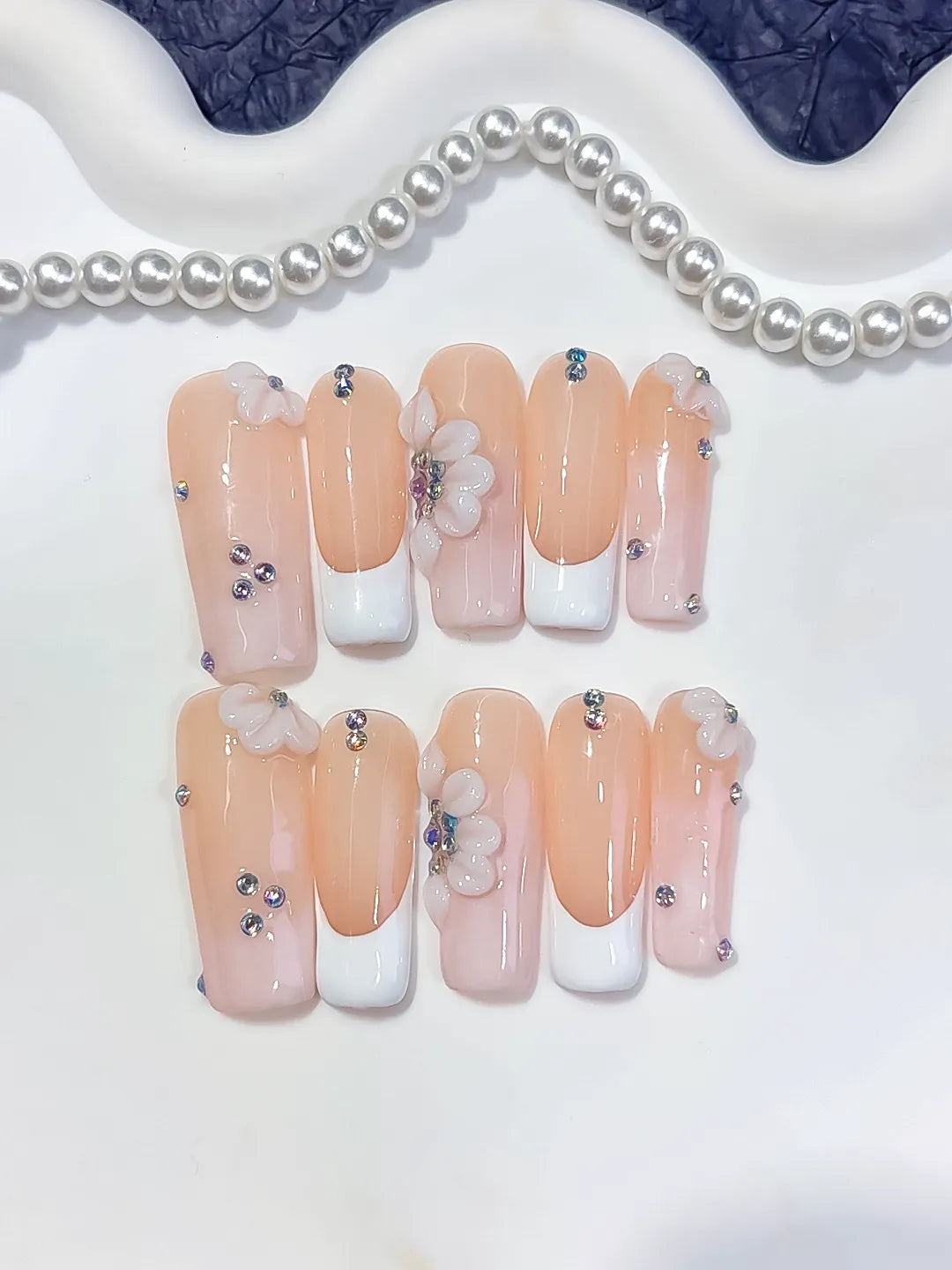 Nude White Silver French tip Flower Rhinestone press on nails detail view