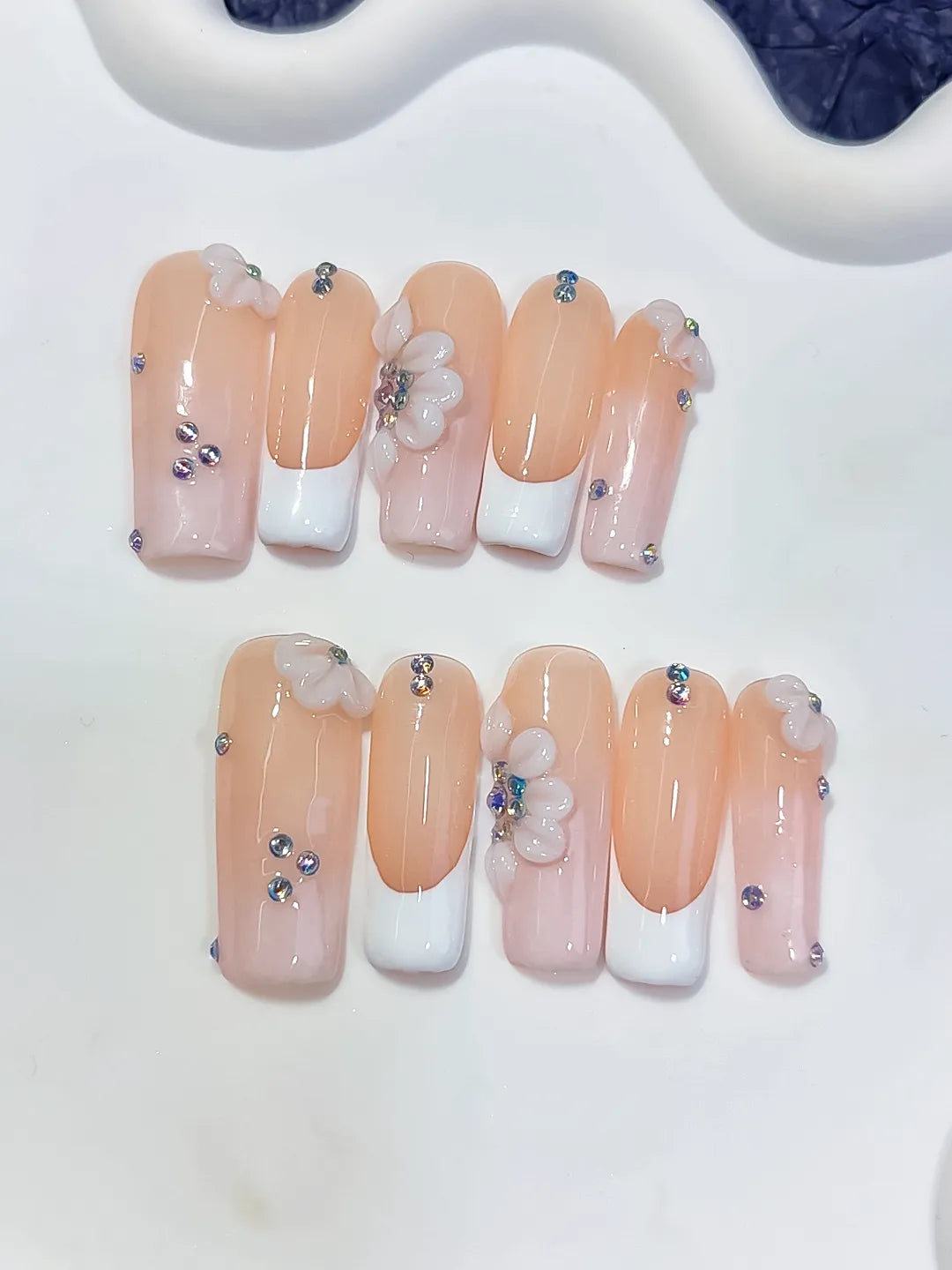 Nude White Silver French tip Flower Rhinestone press on nails detail view