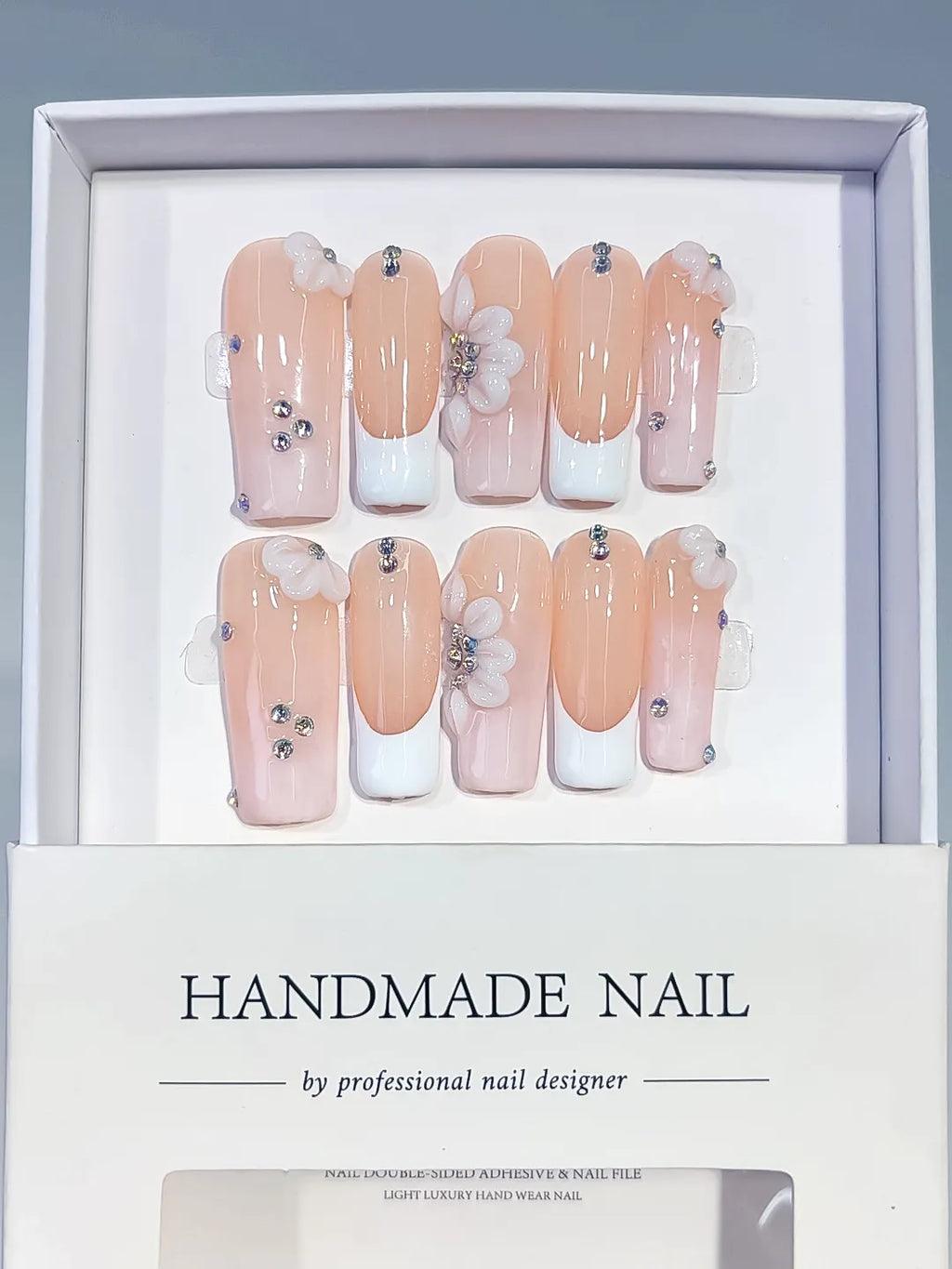Nude White Silver French tip Flower Rhinestone press on nails full set view