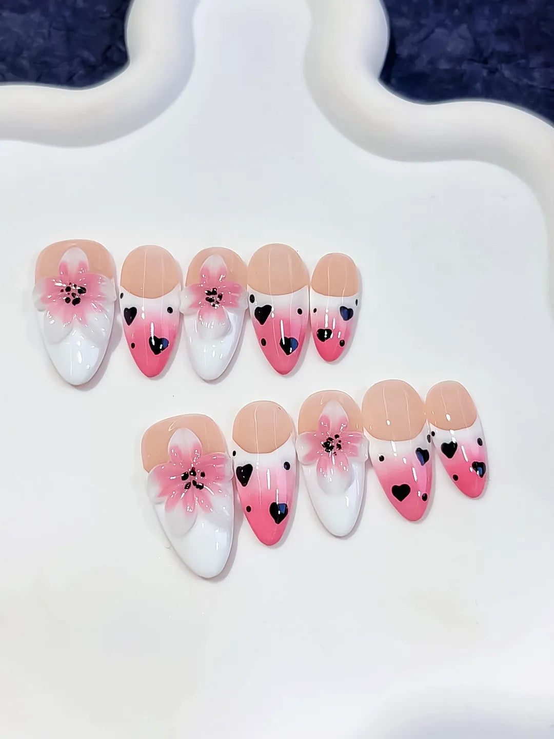 Pink White Black French tip Flower Heart press on nails detail view