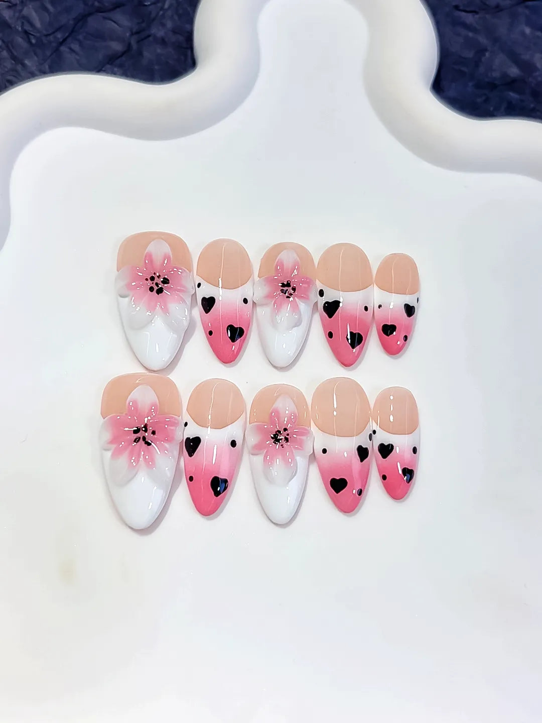 Pink White Black French tip Flower Heart press on nails detail view