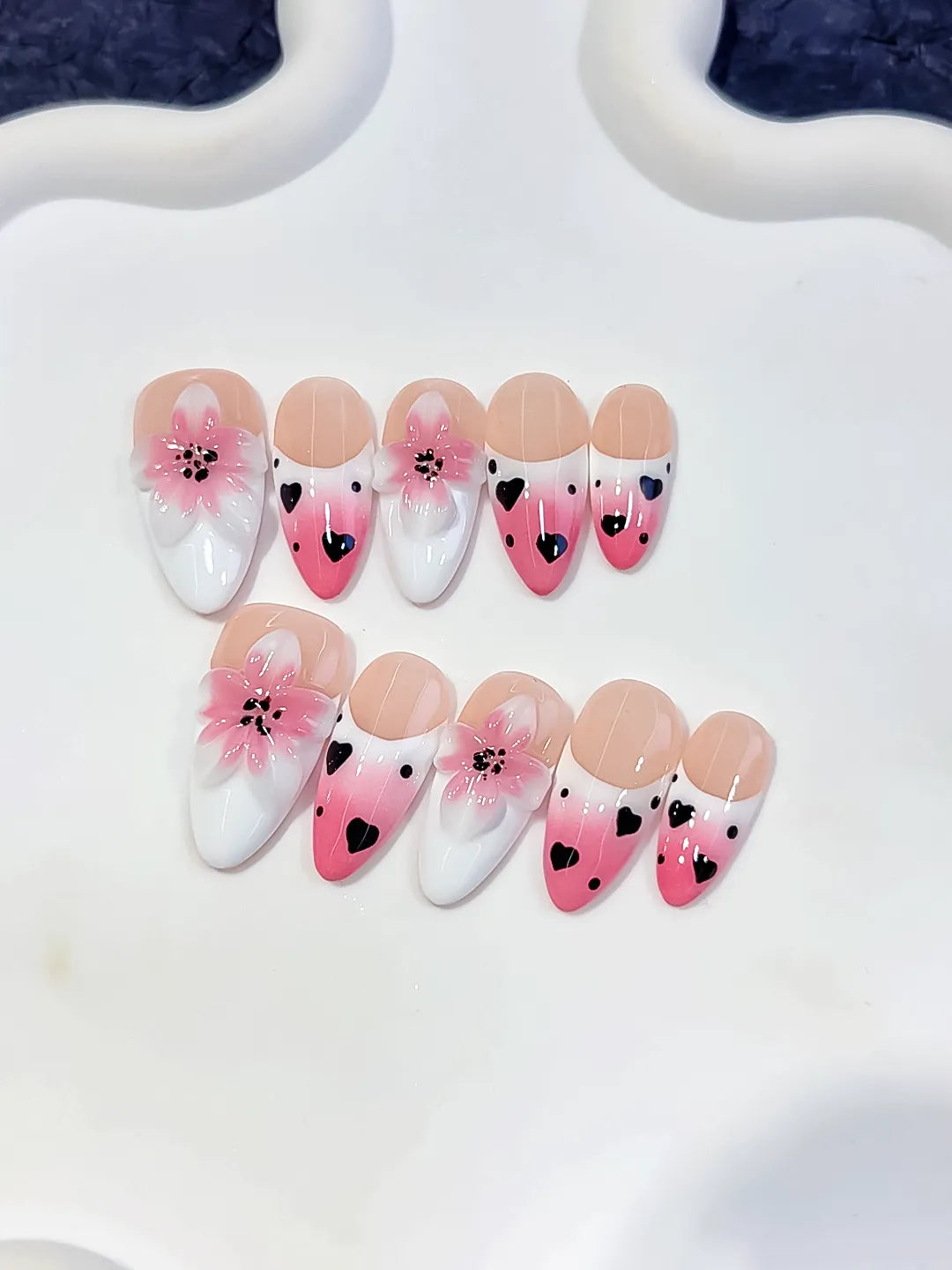 Pink White Black French tip Flower Heart press on nails detail view