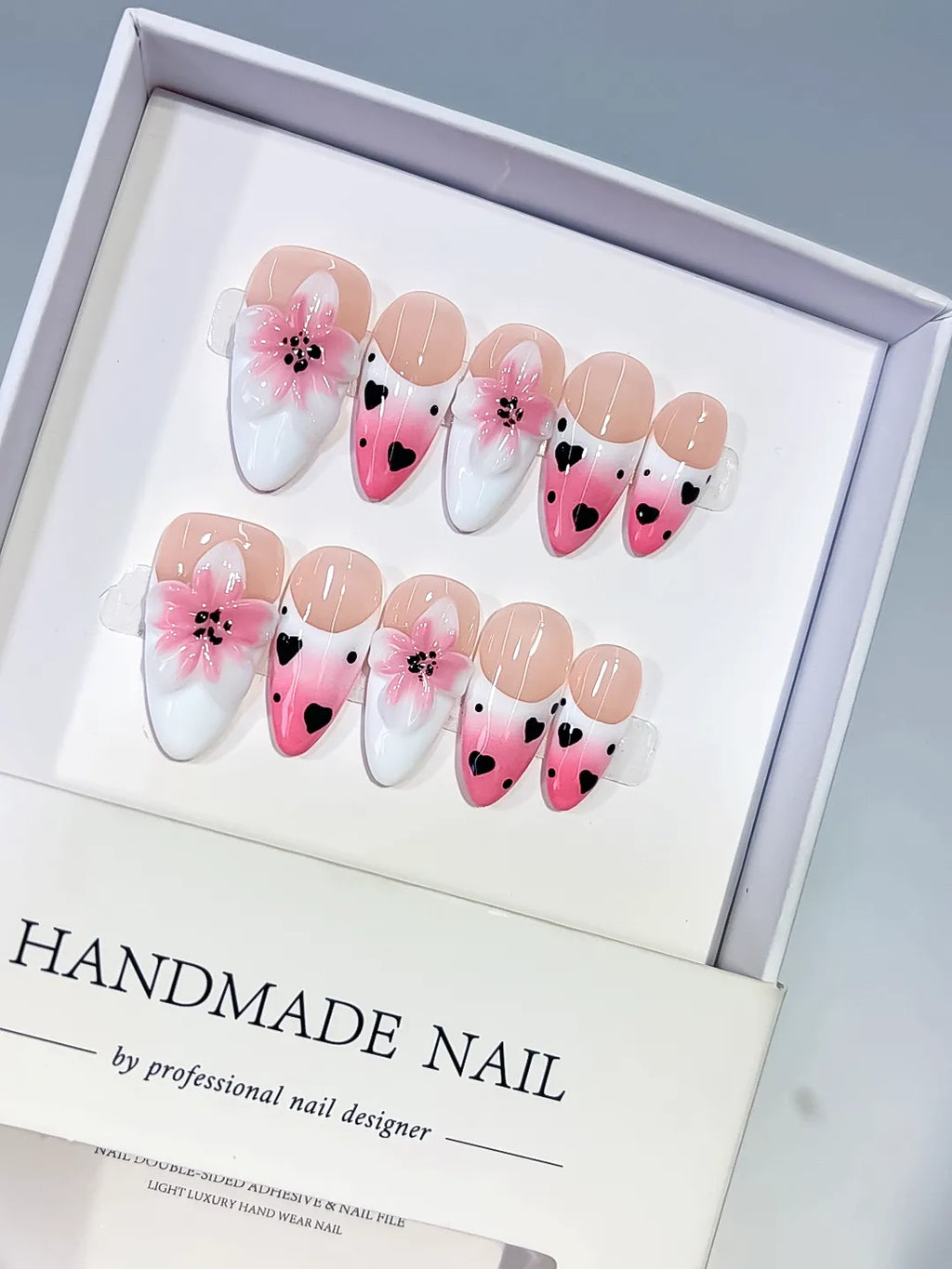 Pink White Black French tip Flower Heart press on nails