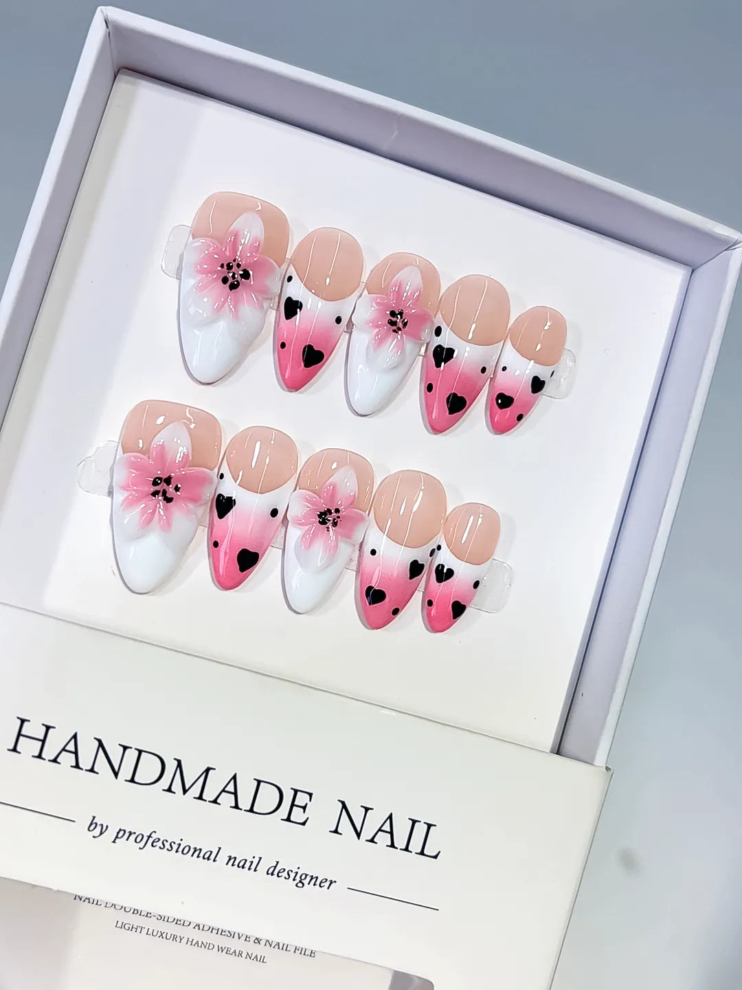 Pink White Black French tip Flower Heart press on nails