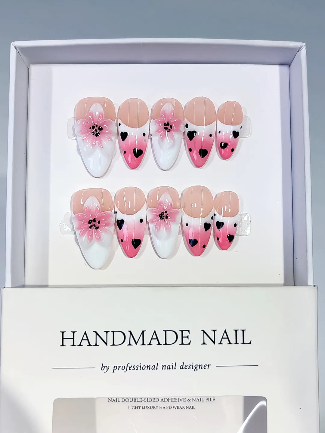 Pink White Black French tip Flower Heart press on nails full set view