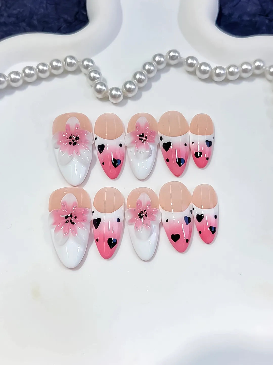 Pink White Black French tip Flower Heart press on nails close up