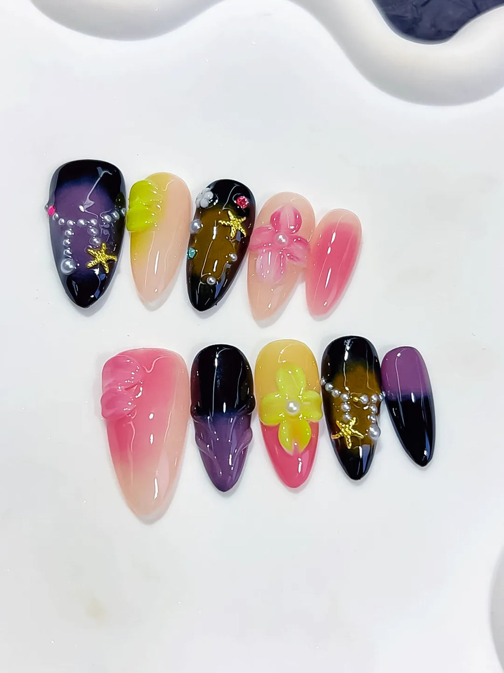 Pink Black Purple Green Yellow Abstract Flower Star Rhinestone press on nails detail view